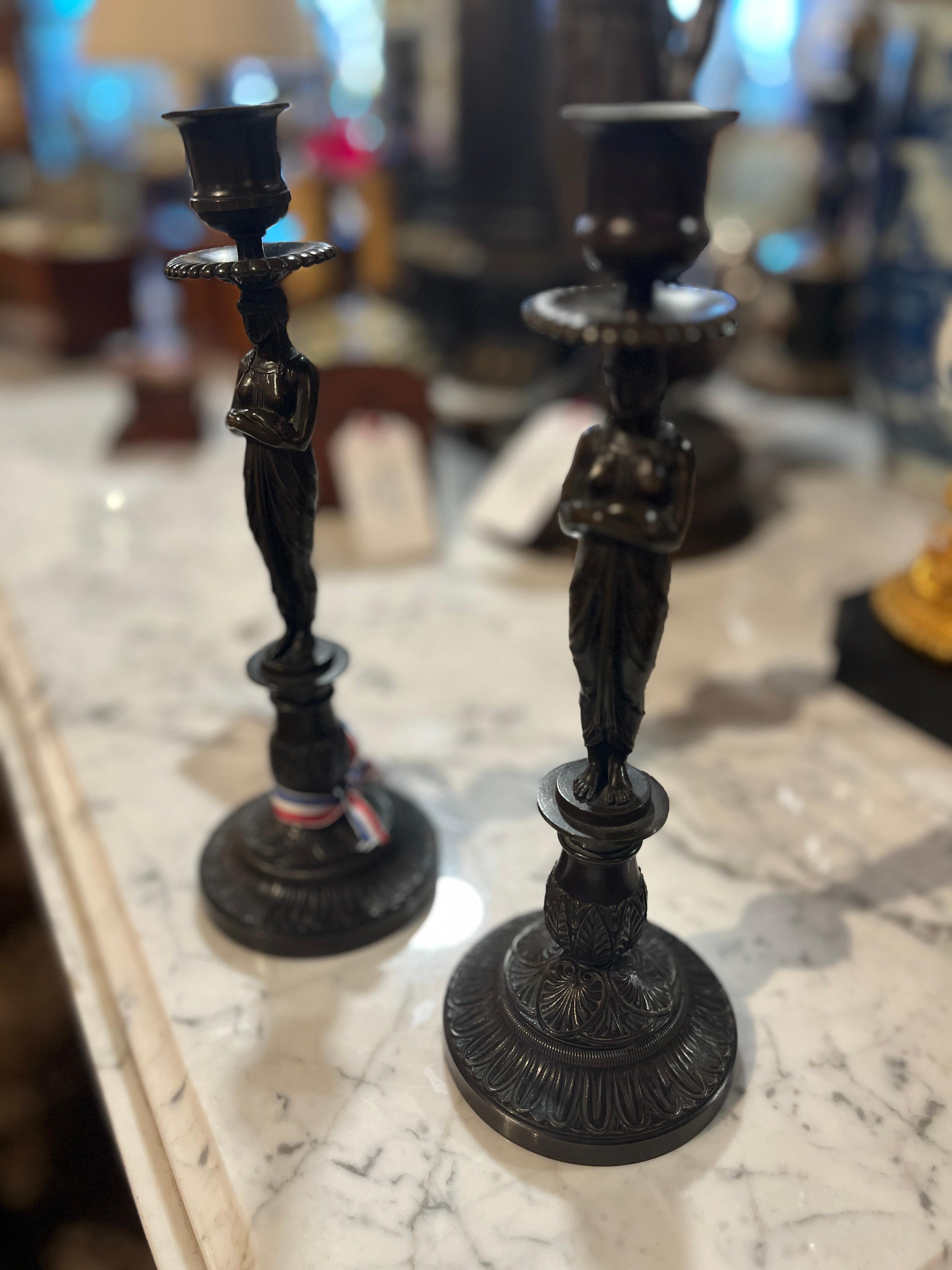 Napoleon III 19th Century Bronze Candleholders, Greek Female Figures For Sale