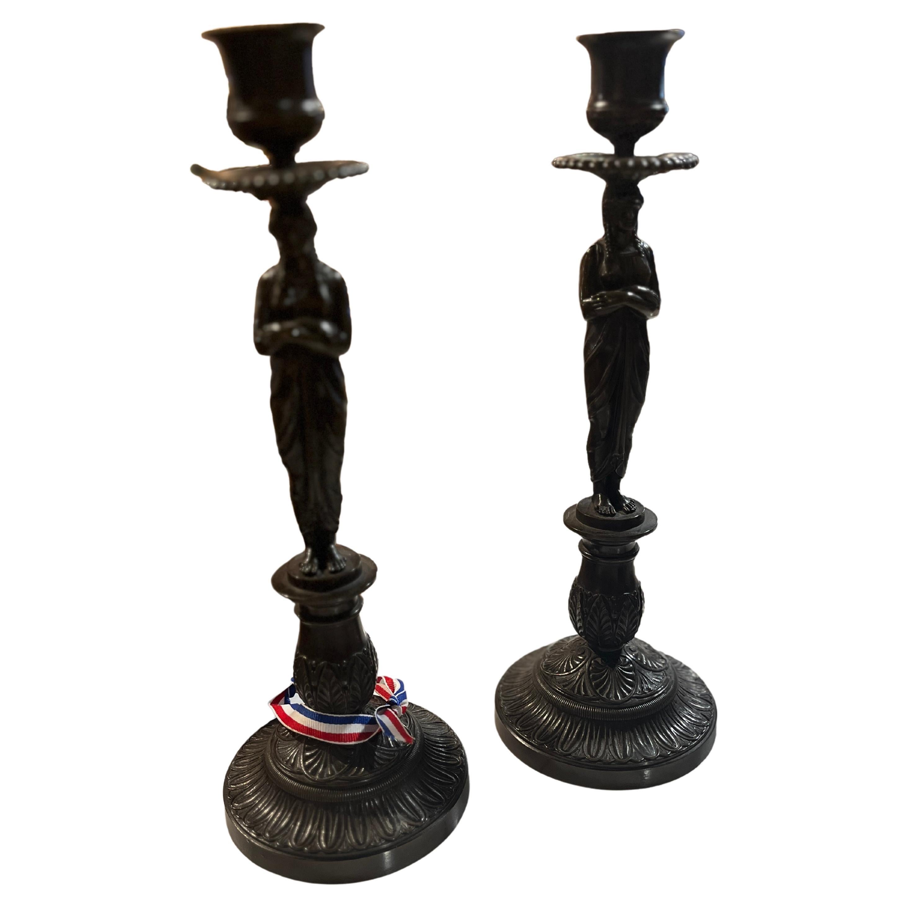 19th Century Bronze Candleholders, Greek Female Figures