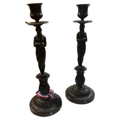 19th Century Bronze Candleholders, Greek Female Figures