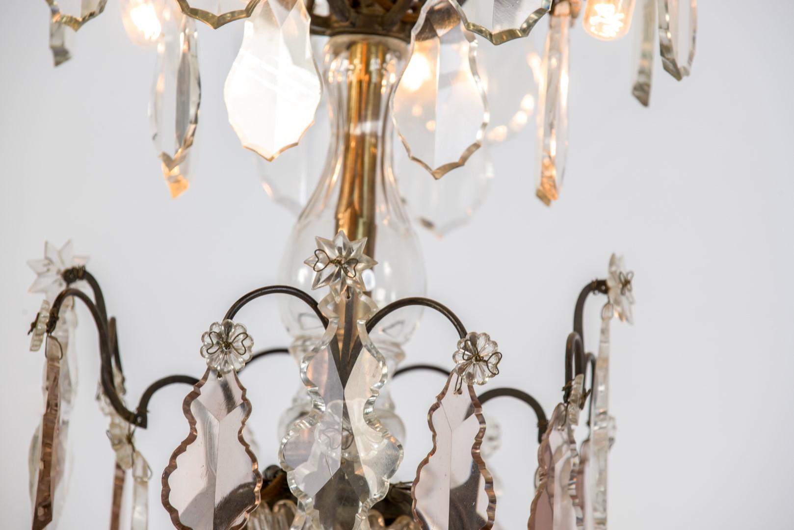 19th Century Bronze Chandelier with Cut Crystal Ornaments and Candles and Lights For Sale 3