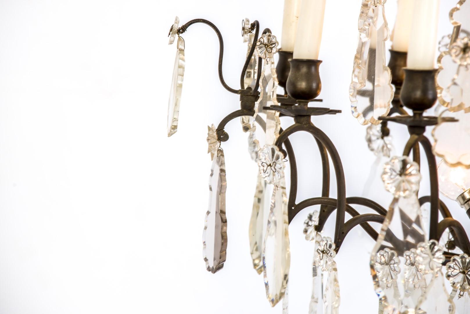19th Century Bronze Chandelier with Cut Crystal Ornaments and Candles and Lights For Sale 6