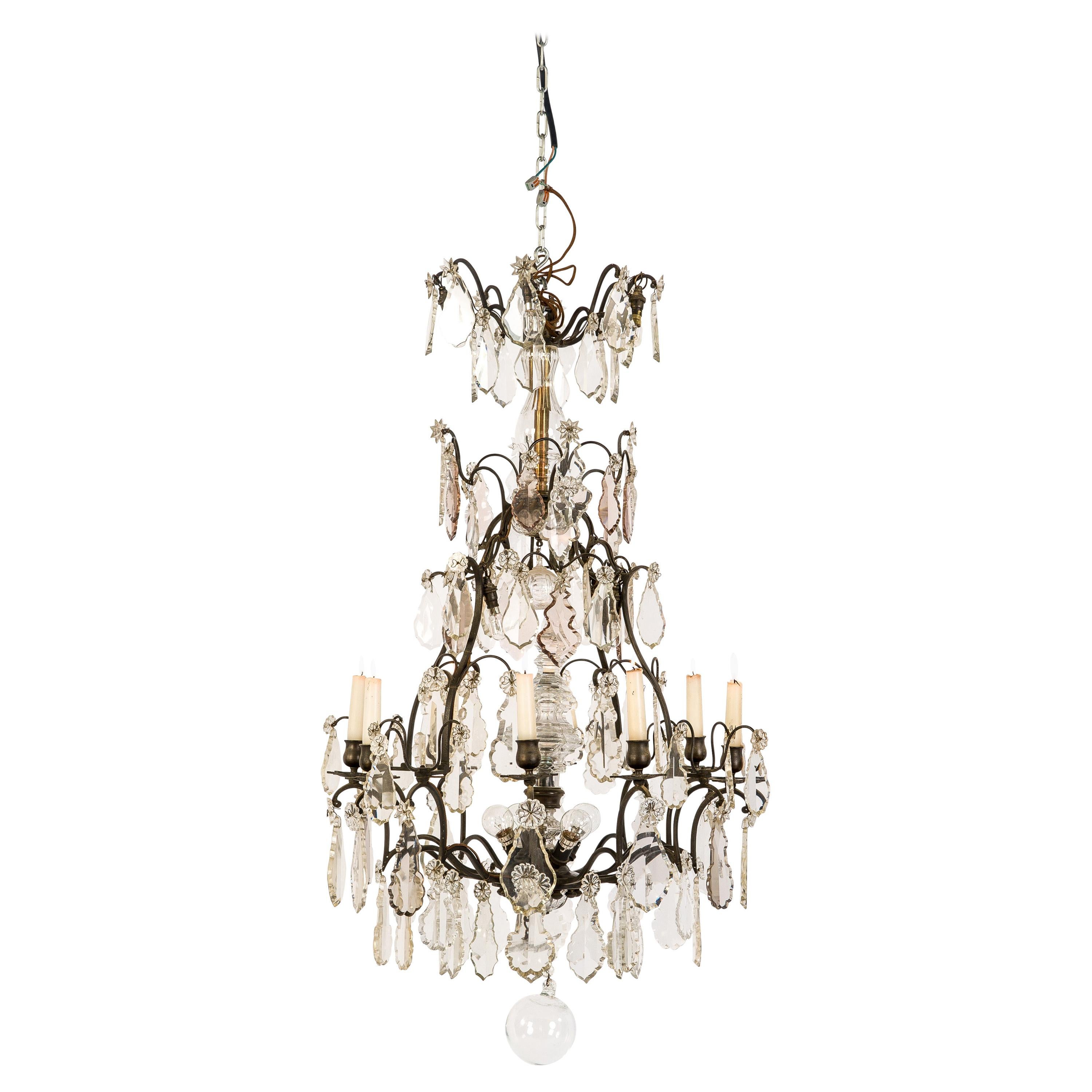 19th Century Bronze Chandelier with Cut Crystal Ornaments and Candles and Lights