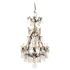 Used 19th Century Bronze Chandelier with Cut Crystal Ornaments and Candles and Lights