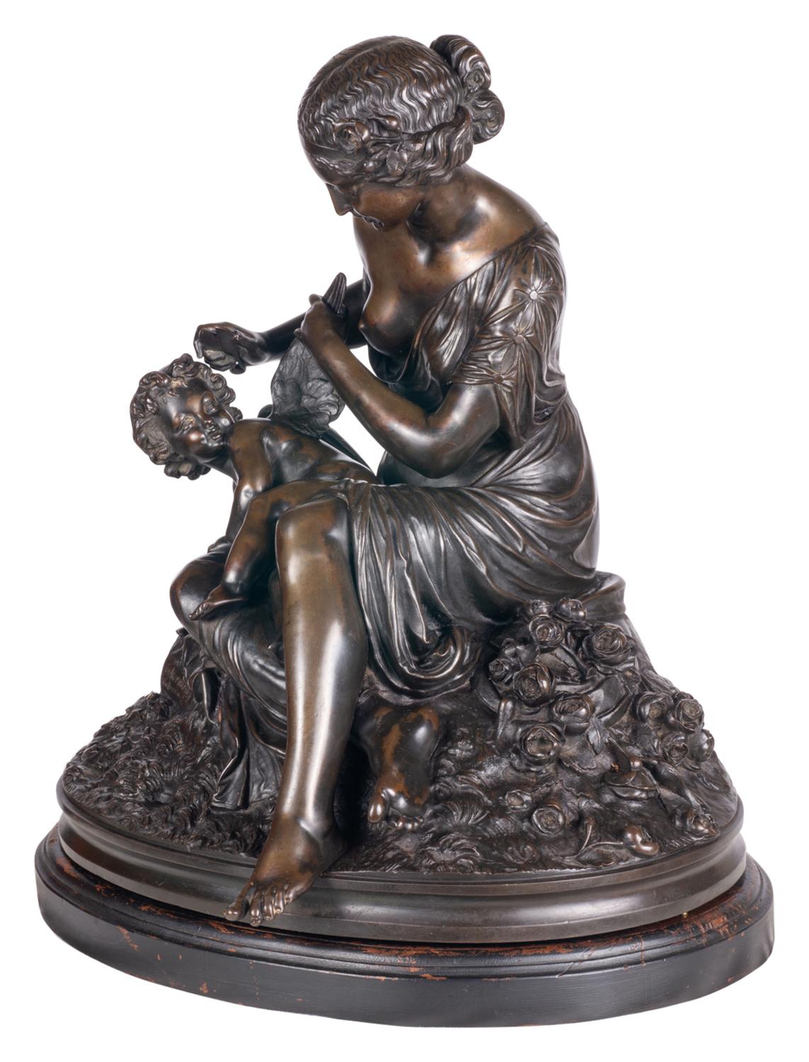 An enchanting 19th century bronze statue depicting a seated women attempting to clip the wings of cupid.
Signed, Charles Cumberworth (English/ French 1812-1862).
 
  