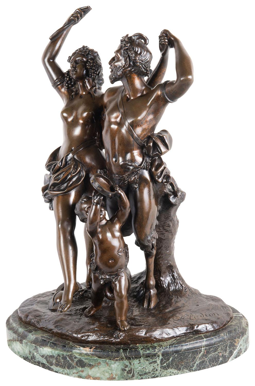 Patinated 19th Century Bronze Clodion Classical Bacchus Dancing Group For Sale