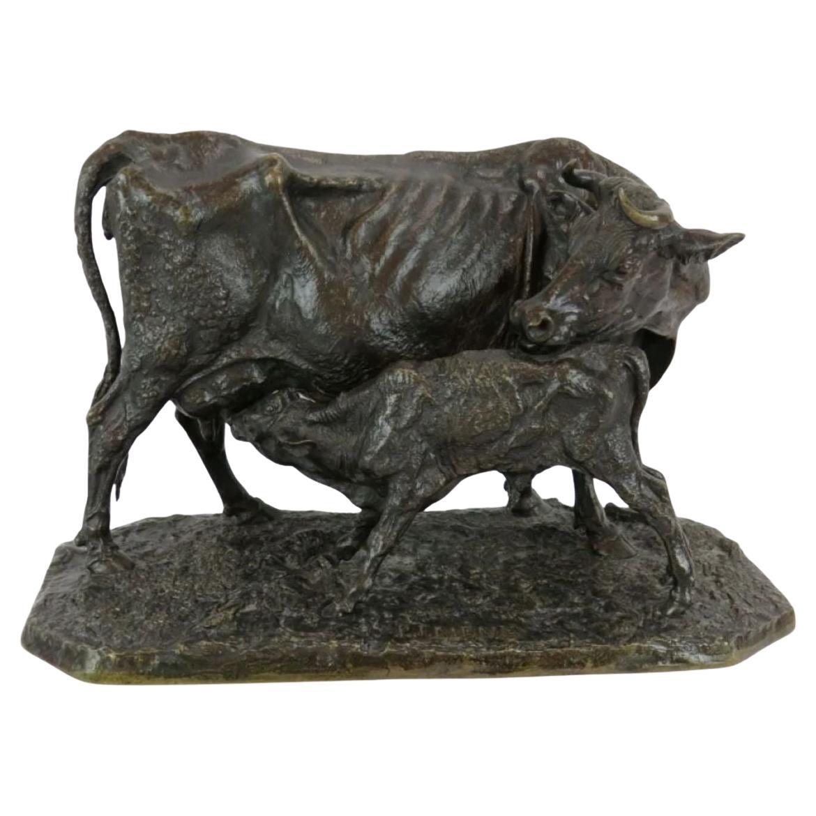 19th century bronze cow & calf after p j mene