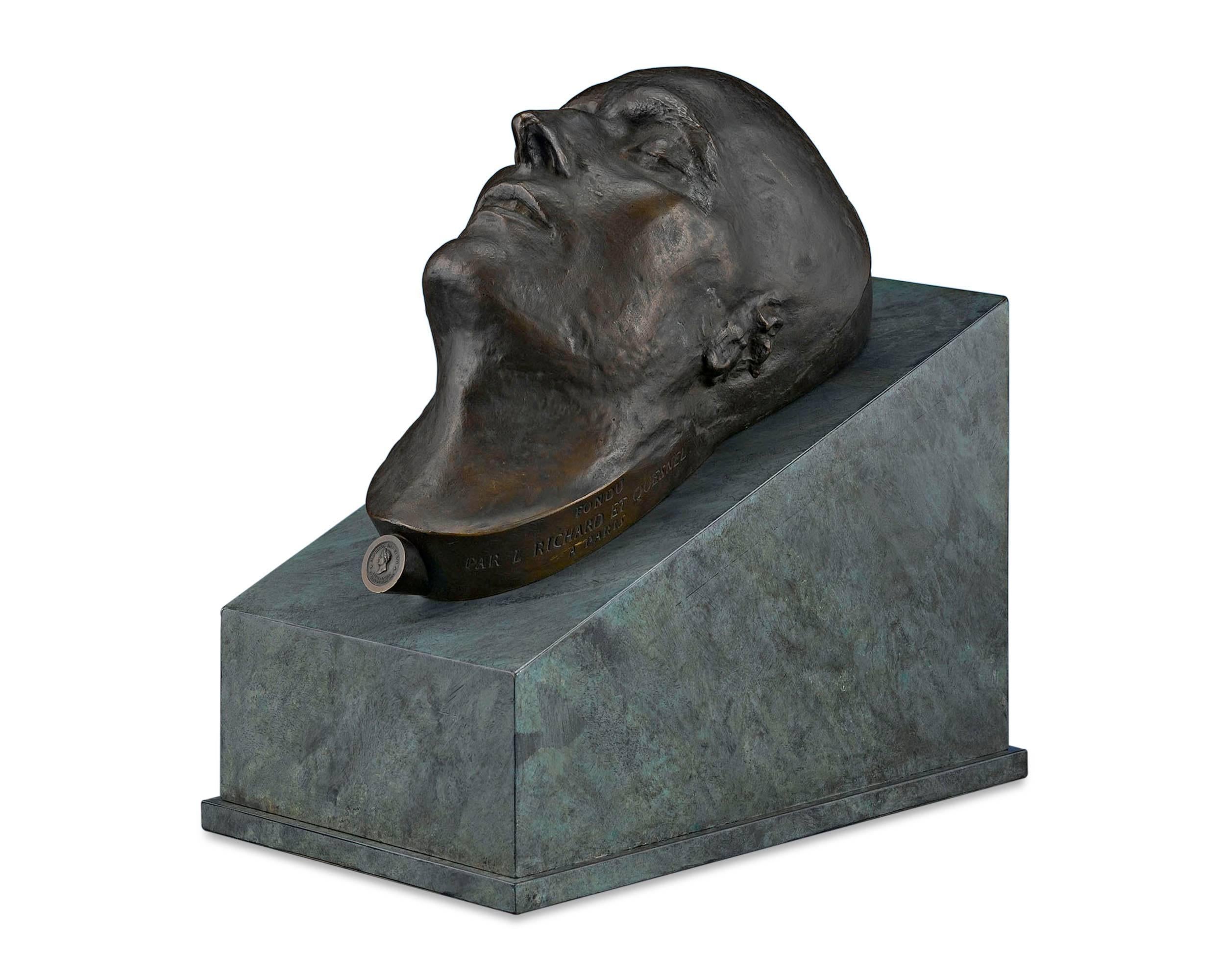 This captivating bronze death mask of the Emperor Napoleon I is cast from the mold created by Dr. Francesco Antommarchi, Napoleon’s personal physician and companion during the last two years of his life. Cast by the French firm of L. Richard et
