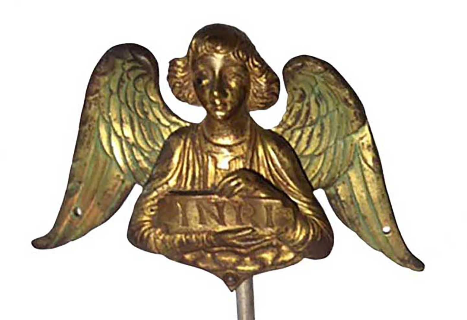 Pair of bronze doré Byzantine style angels with original green color over bronze on the wings. Mounted on lucite stands.