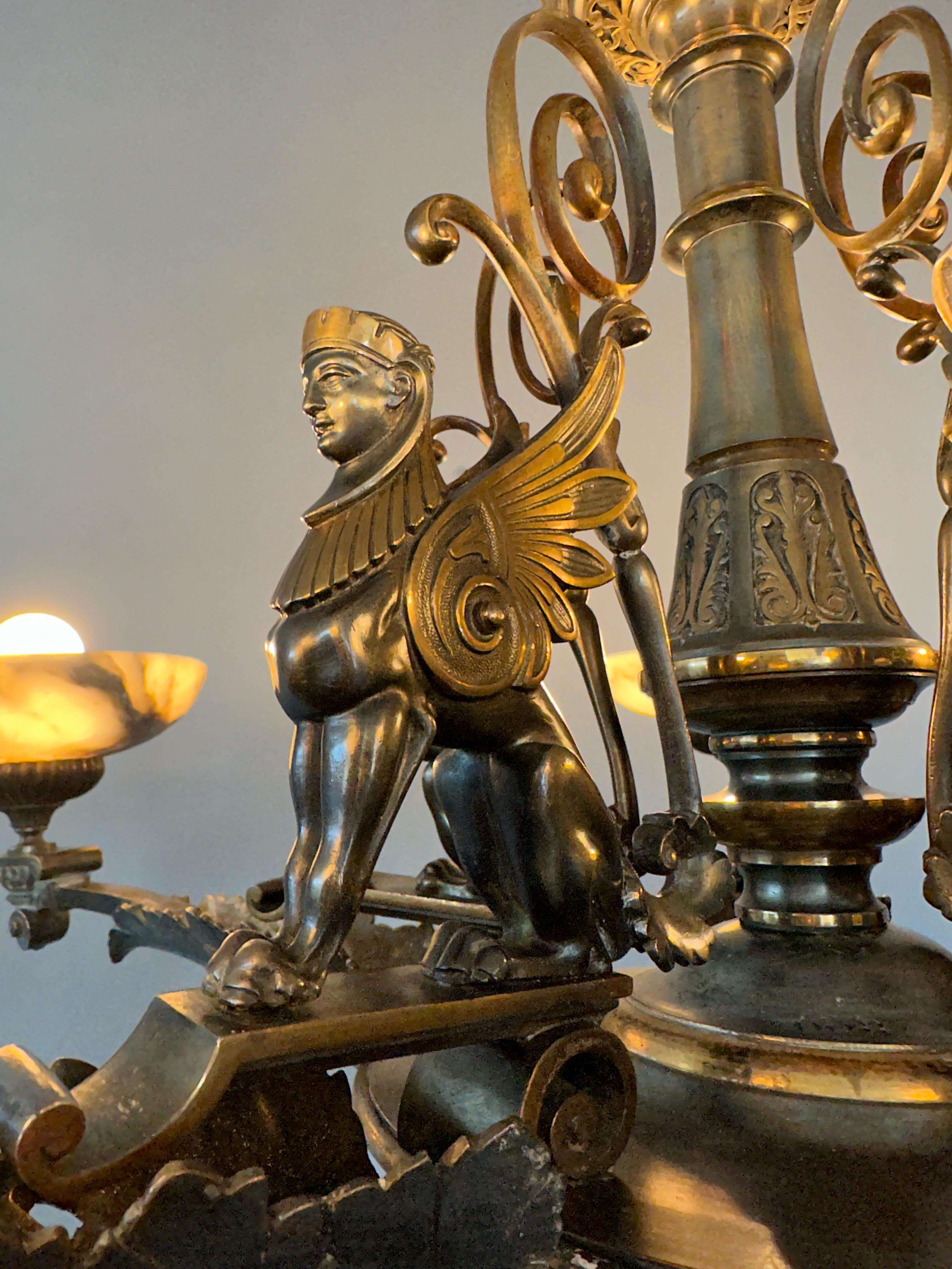 Hand-Carved Antique Bronze Egyptian Revival, Empire Light Sphinx Chandelier / Pendant Light