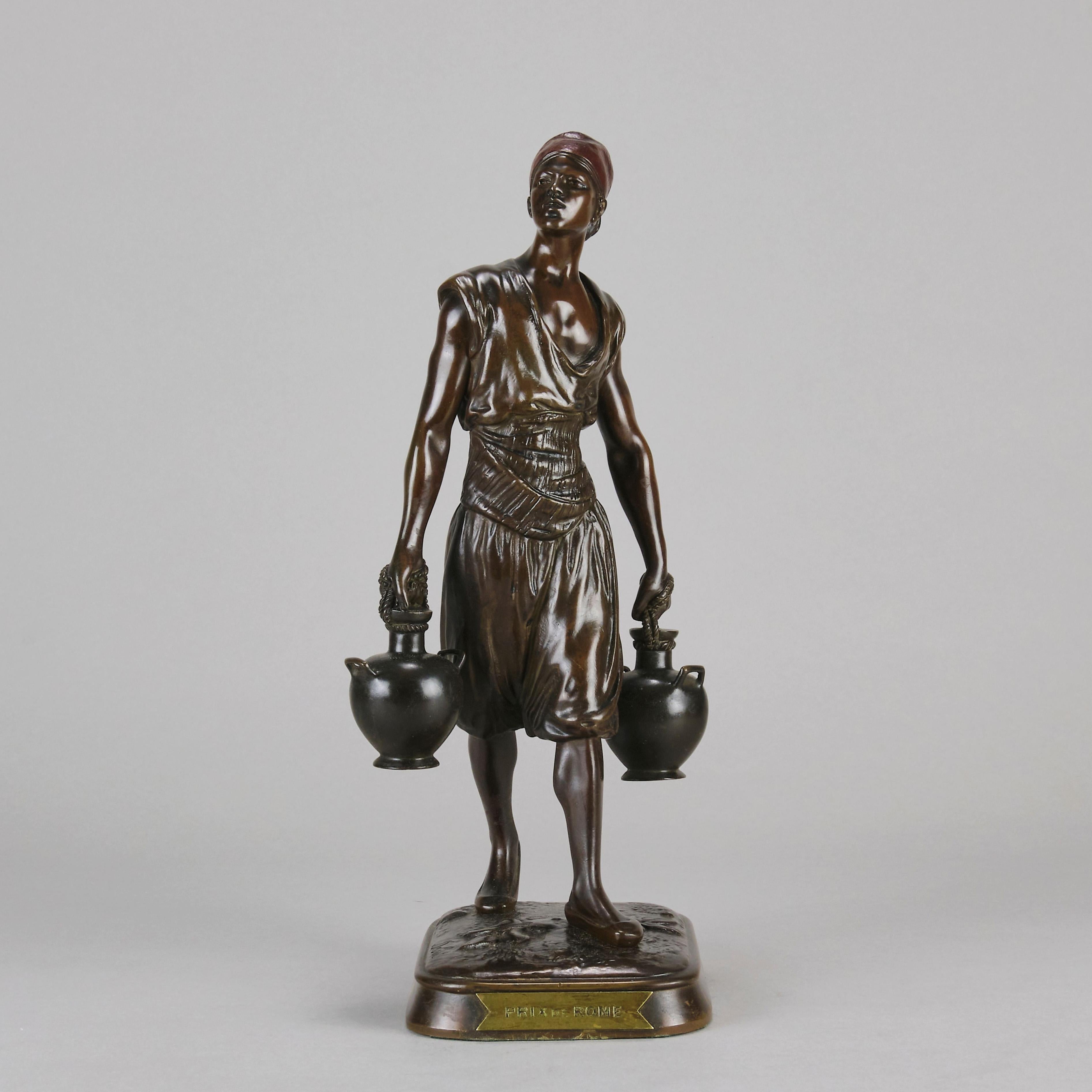 
Eccellente scultura in bronzo francese della fine del XIX secolo raffigurante un uomo tunisino che trasporta due brocche, una per braccio. Con buoni dettagli e una ricca patina rosso/marrone. Innalzato su una base in bronzo firmata 