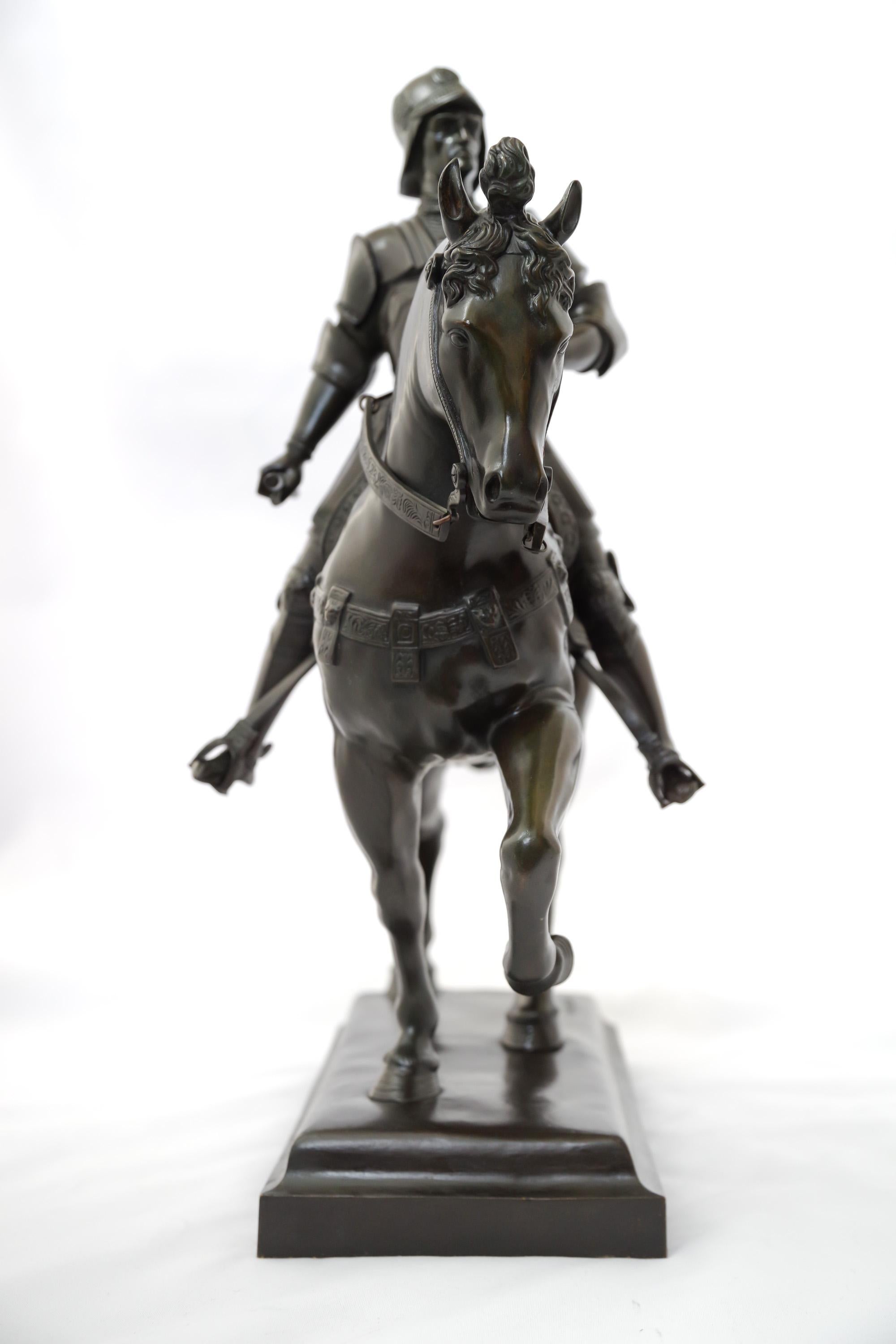 A 19th-century French noir-patinated bronze equestrian sculpture of Bartolomeo Colleoni after the original by Andrea del Verrocchio, teacher of Leonardo da Vinci, made in Venice between 1480 and 1488. Colleoni (1395/1400-1475) was an enterprising