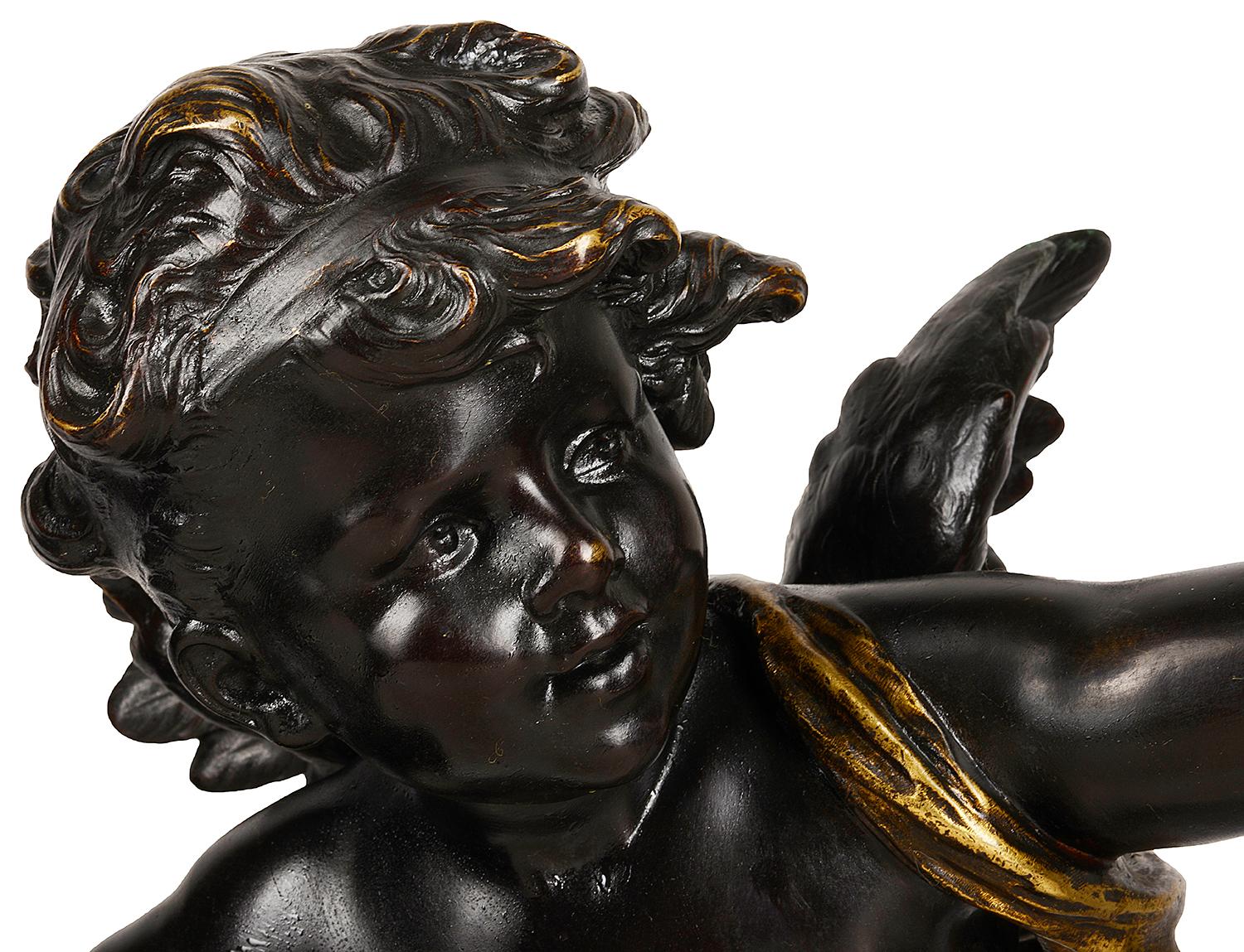 A very good quality 19th century bronze statue of Eros with gilded highlights.
By Aug. Moreau

In Greek mythology, Eros Ancient Greek: is the Greek god of love and sex

Auguste Moreau, 1834-1917 the third son of sculptor and painter Jean