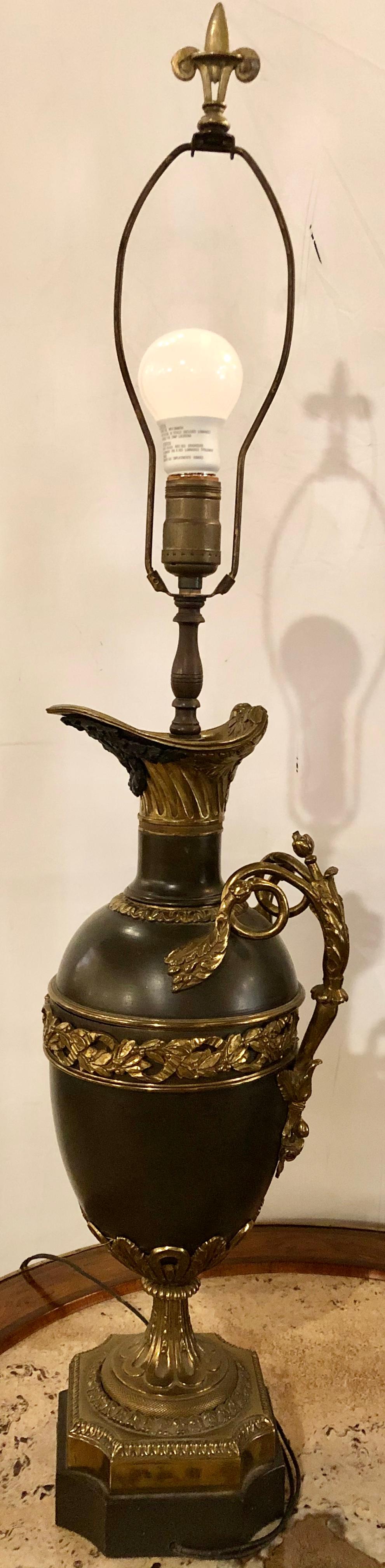French 19th Century Bronze Ewer Urn Form Table Lamps, a Pair Louis XVI Neoclassical