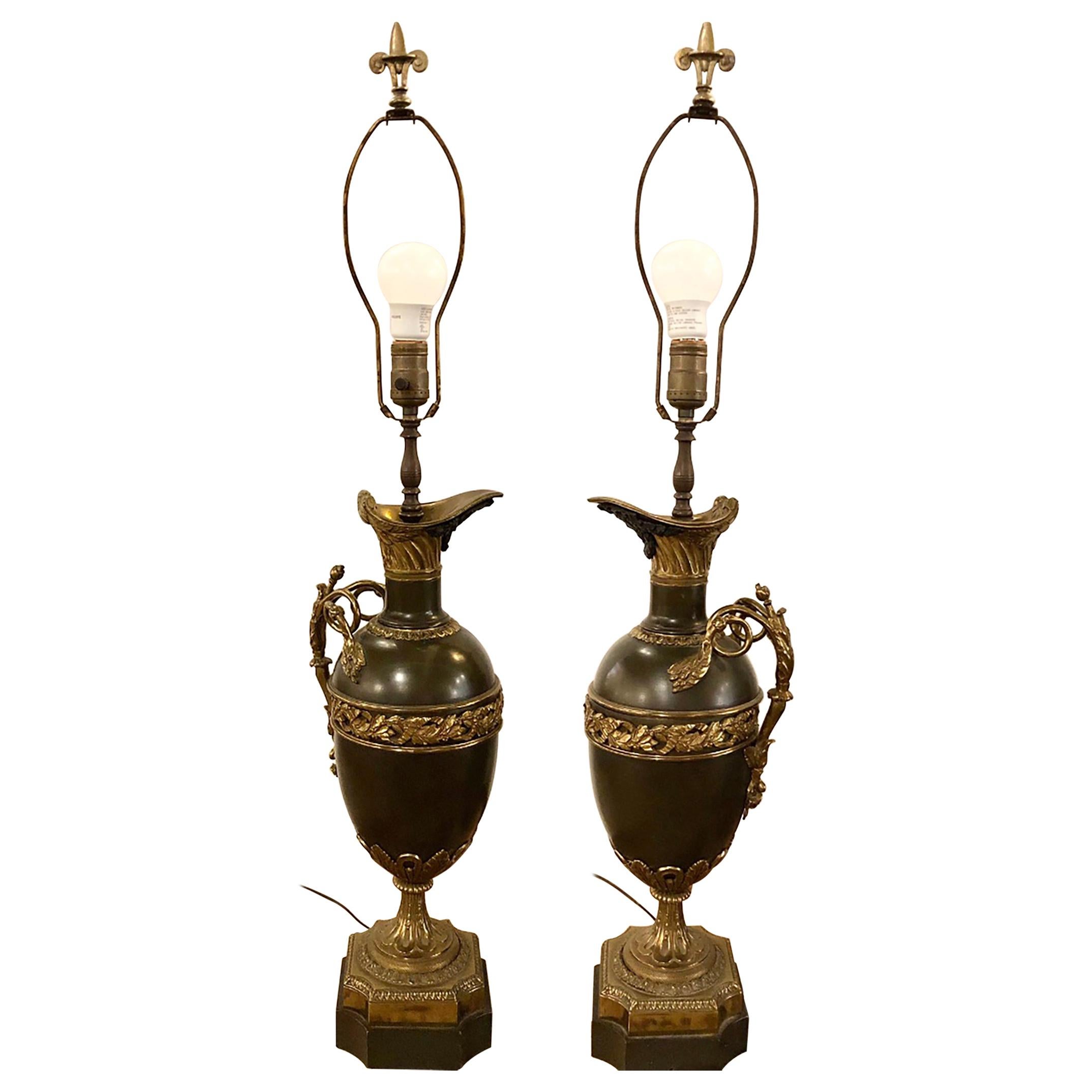 19th Century Bronze Ewer Urn Form Table Lamps, a Pair Louis XVI Neoclassical