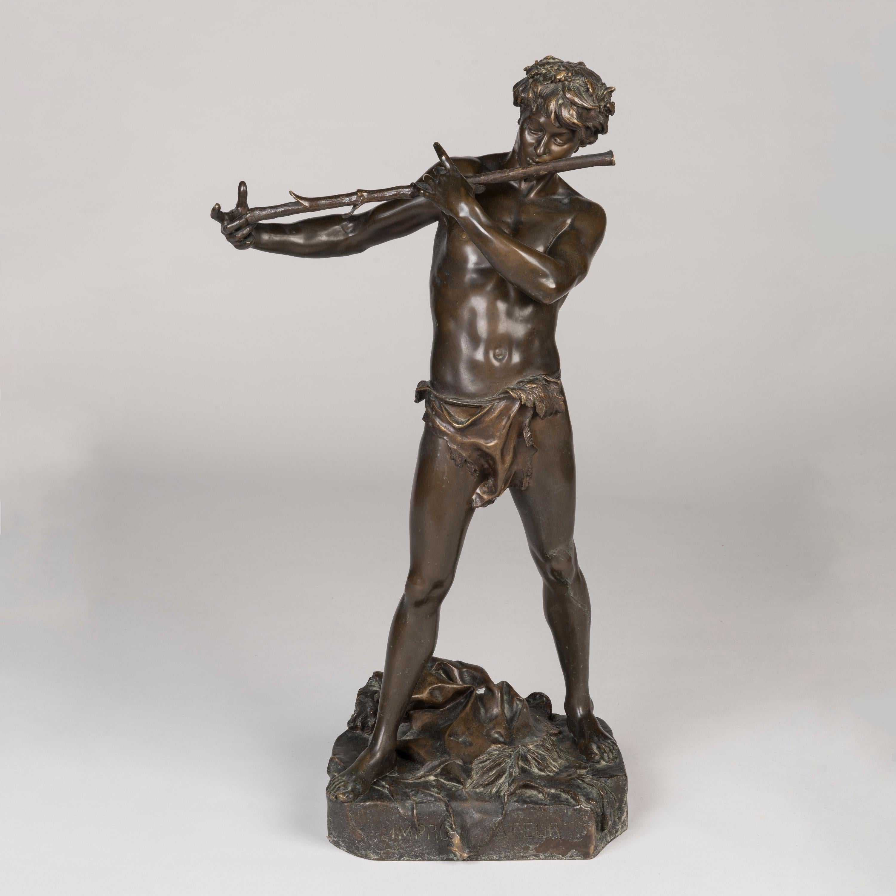 L'Improvisateur
By Félix-Maurice Charpentier (1858-1924)

Cast from bronze and with a warm patina, portraying a youth playing the flute fashioned from a branch. Titled on the base, bearing a dedicatory inscription, and signed 