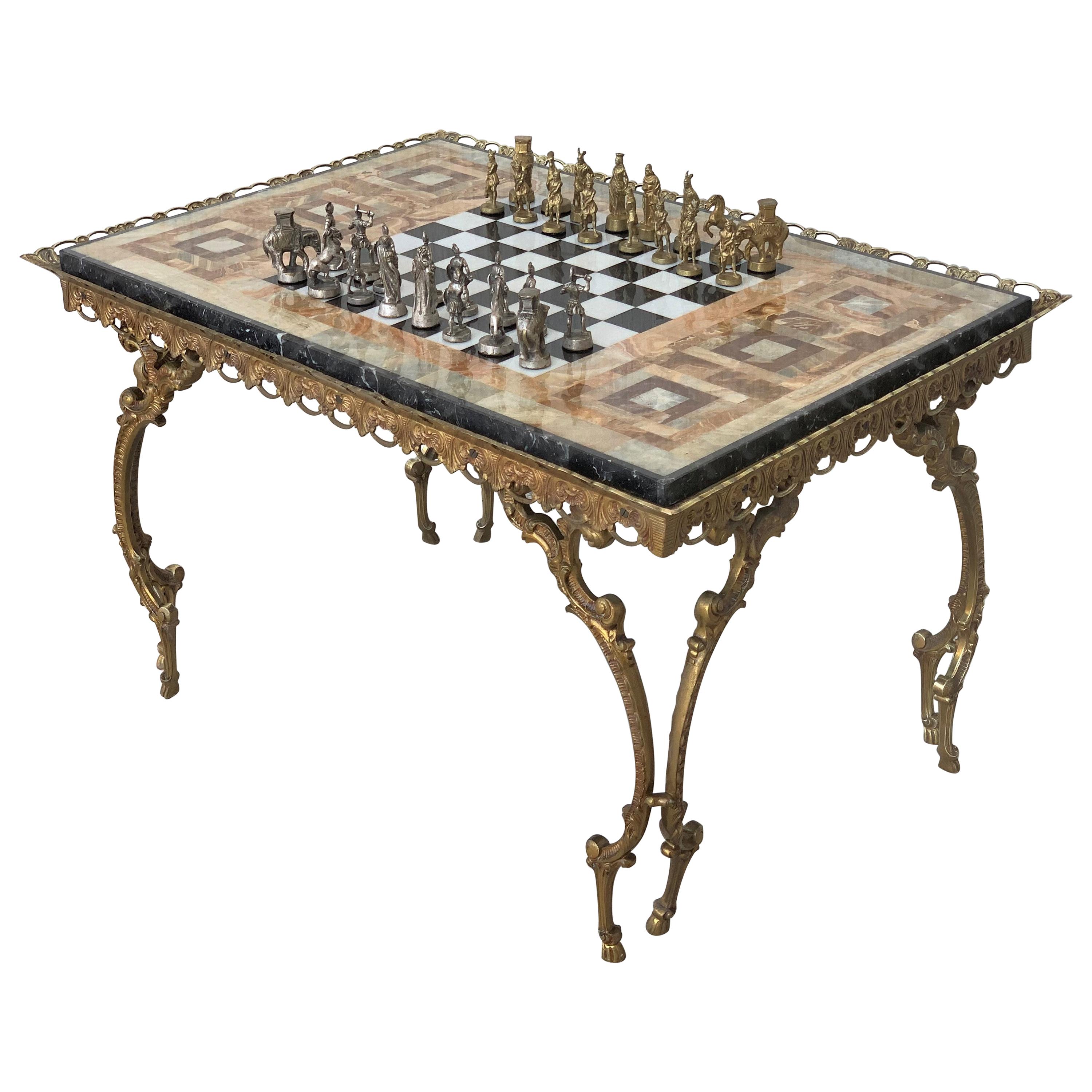 19th Century Bronze Game of Chess with Marble-Top and Bronze Legs Table