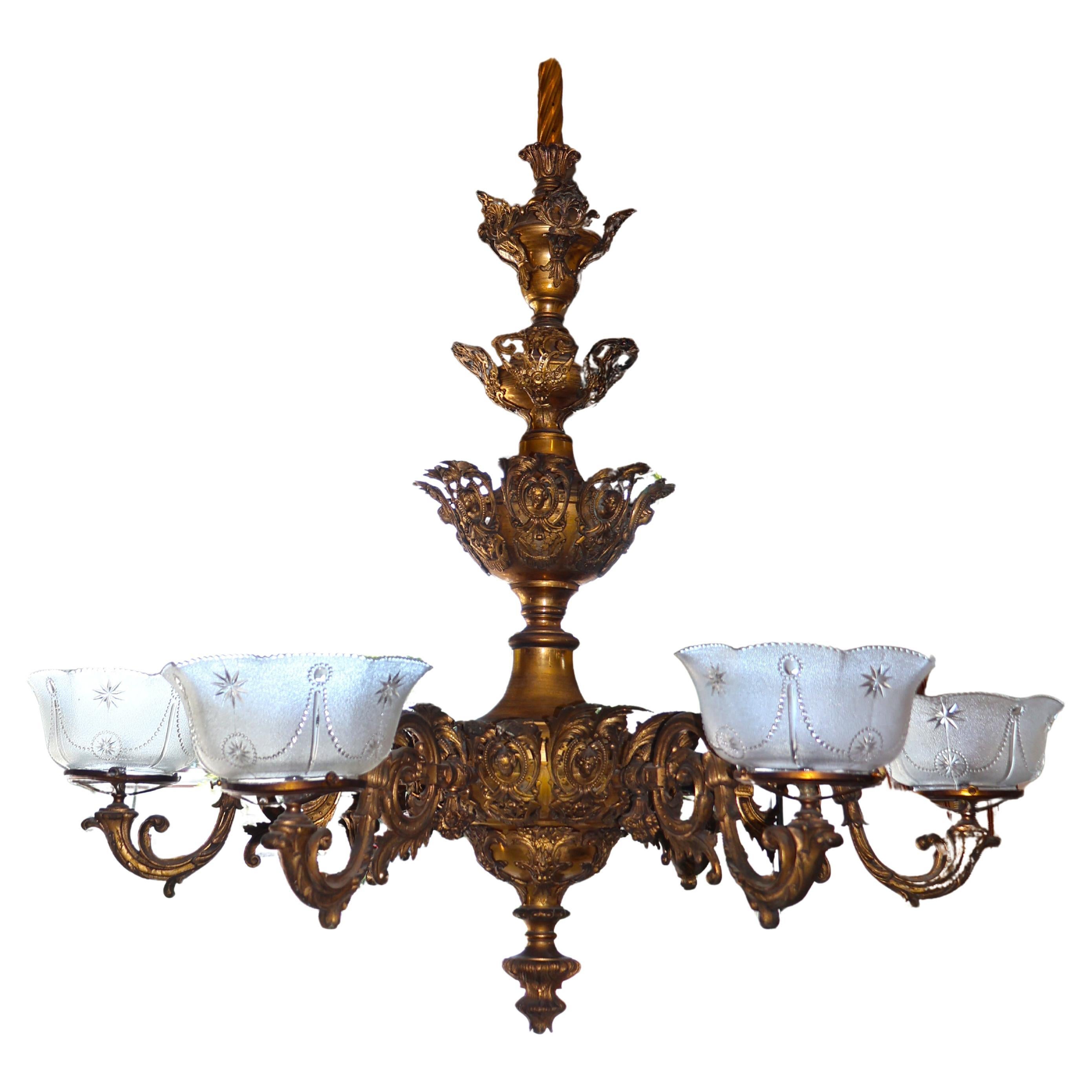 Lampadario a gas in bronzo del XIX secolo attribuito a Cornelius & Baker