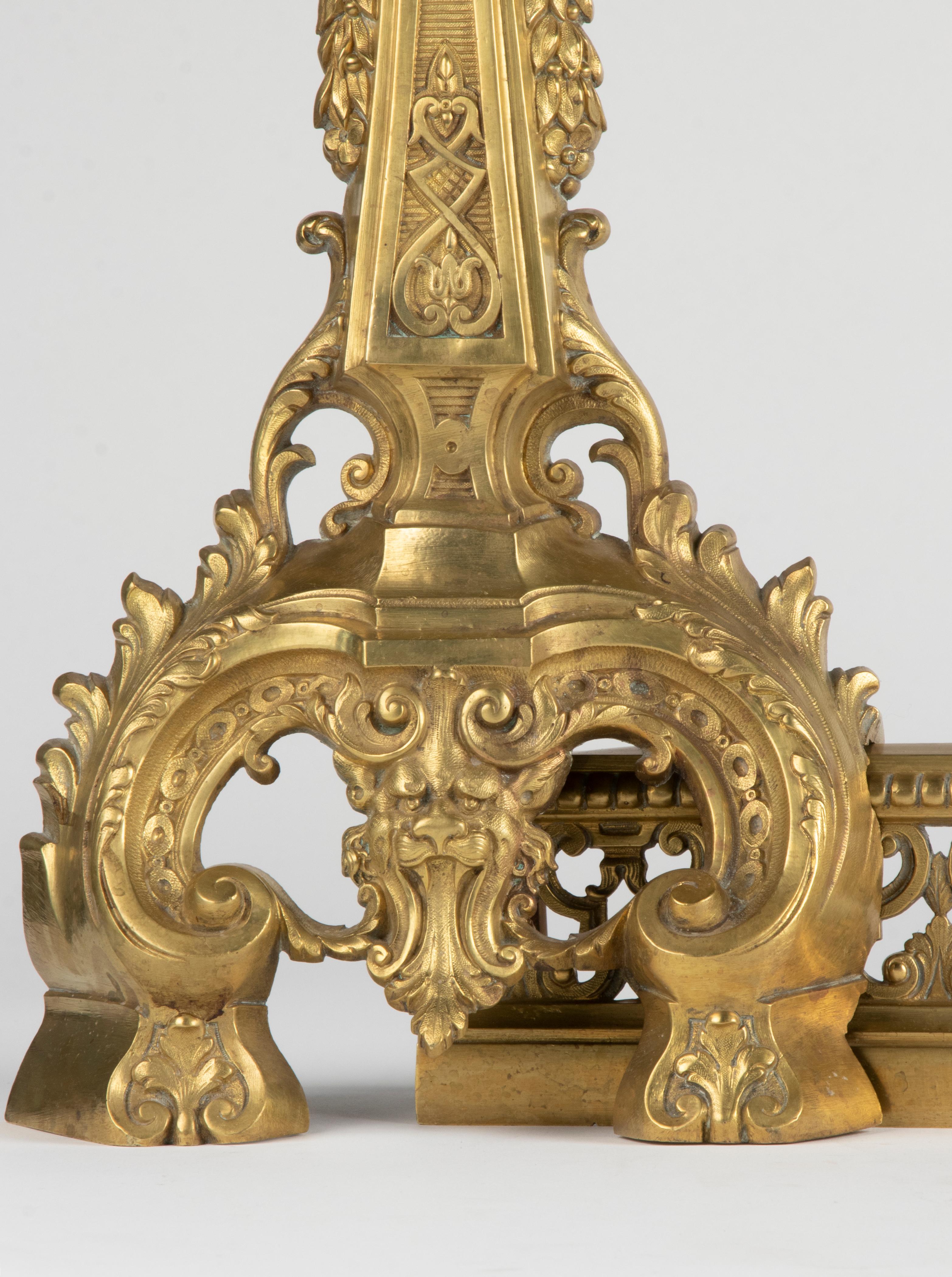 French 19th Century Bronze Gilded Fire Mantel Andirons Signed Didier Renaissance Style For Sale
