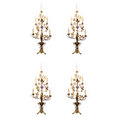 19th Century Bronze Girandoles with Porcelain Flowers, Set of Four