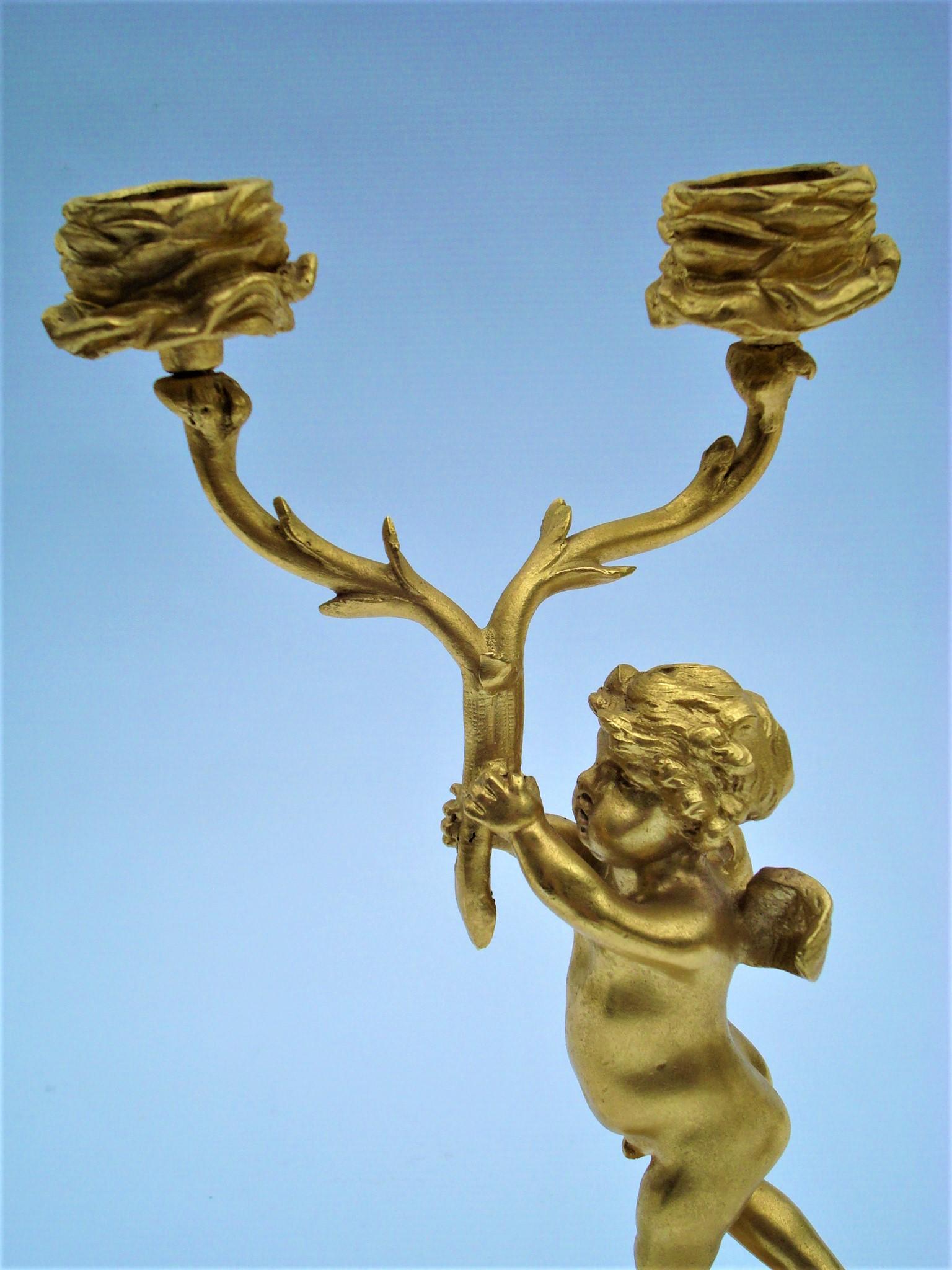 19th Century Bronze Gold-Plated Two-Arm Cherub Figural Candelabras, F. Linke For Sale 11