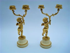 19th Century Bronze Gold-Plated Two-Arm Cherub Figural Candelabras, F. Linke