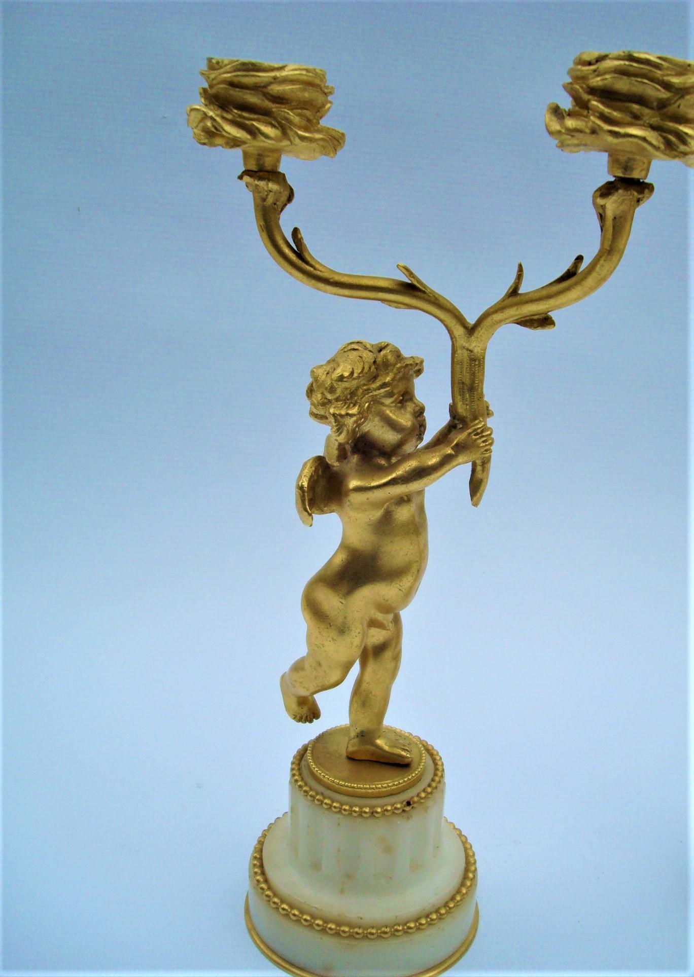 Belle Époque 19th Century Bronze Gold-Plated Two-Arm Cherub Figural Candelabras, F. Linke For Sale