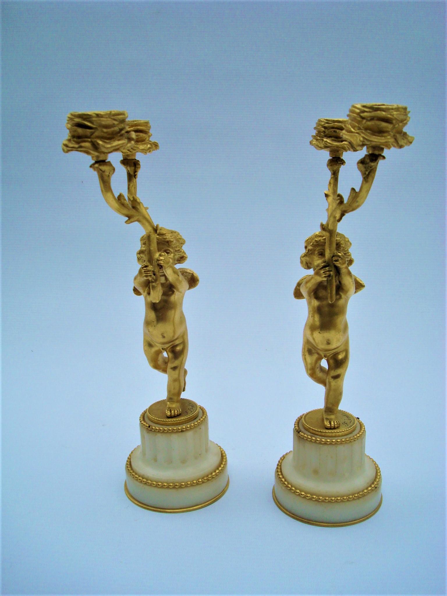 Gilt 19th Century Bronze Gold-Plated Two-Arm Cherub Figural Candelabras, F. Linke For Sale