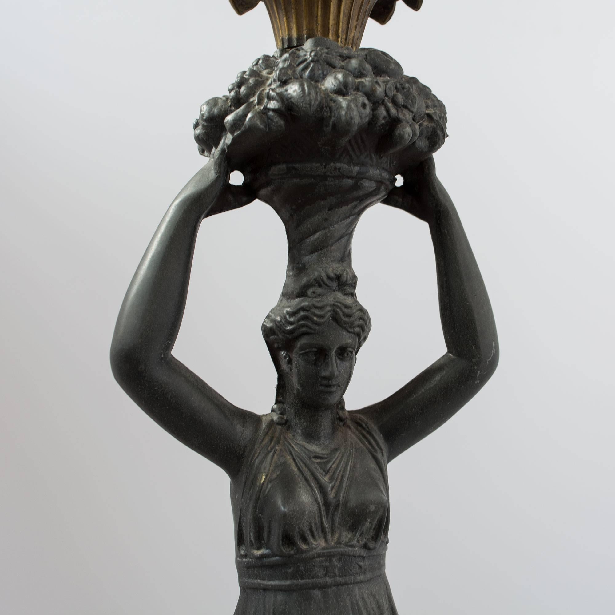 Gilt 19th Century Bronze Grecian Goddess Six-Arm Candelabra, Pair