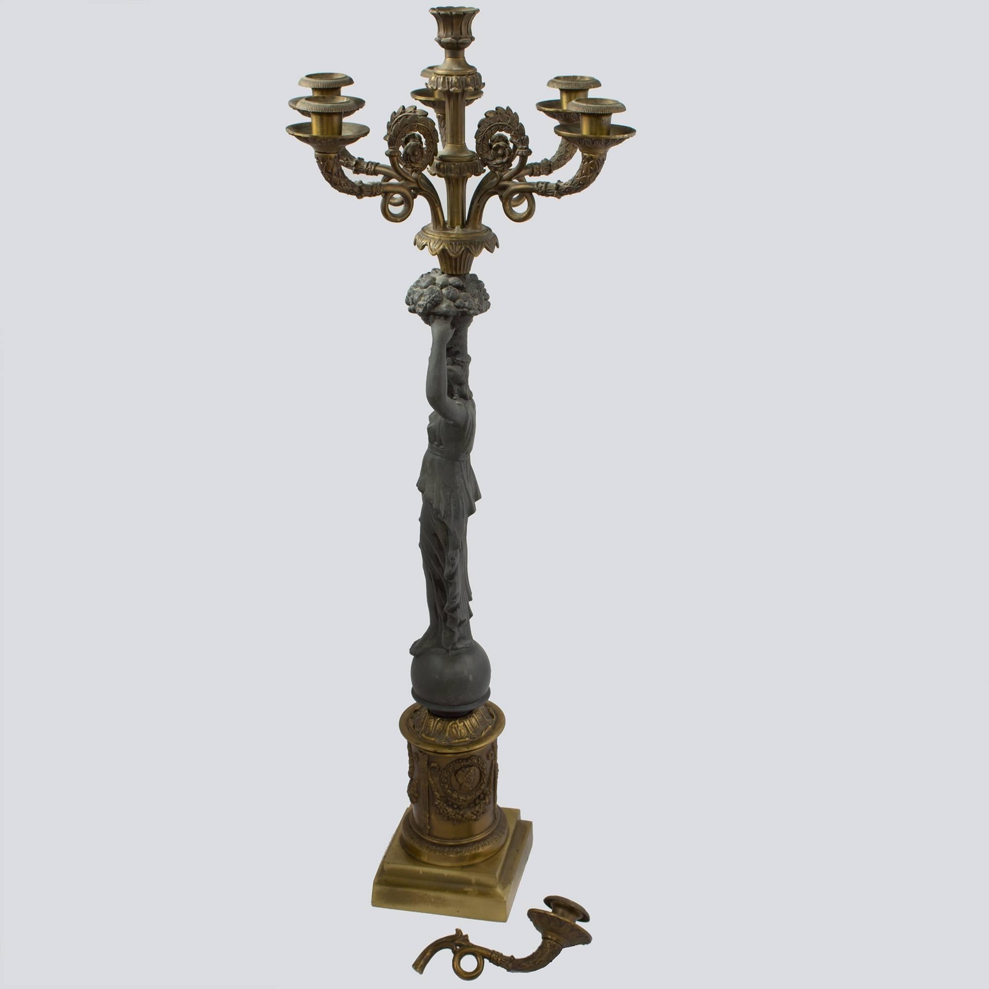 19th Century Bronze Grecian Goddess Six-Arm Candelabra, Pair In Good Condition In Pataskala, OH