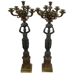 19th Century Bronze Grecian Goddess Six-Arm Candelabra, Pair