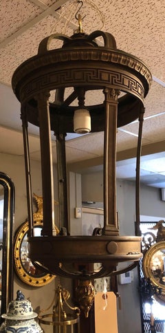 19th Century Bronze Hall Lantern with Greek Key and Flame Finial