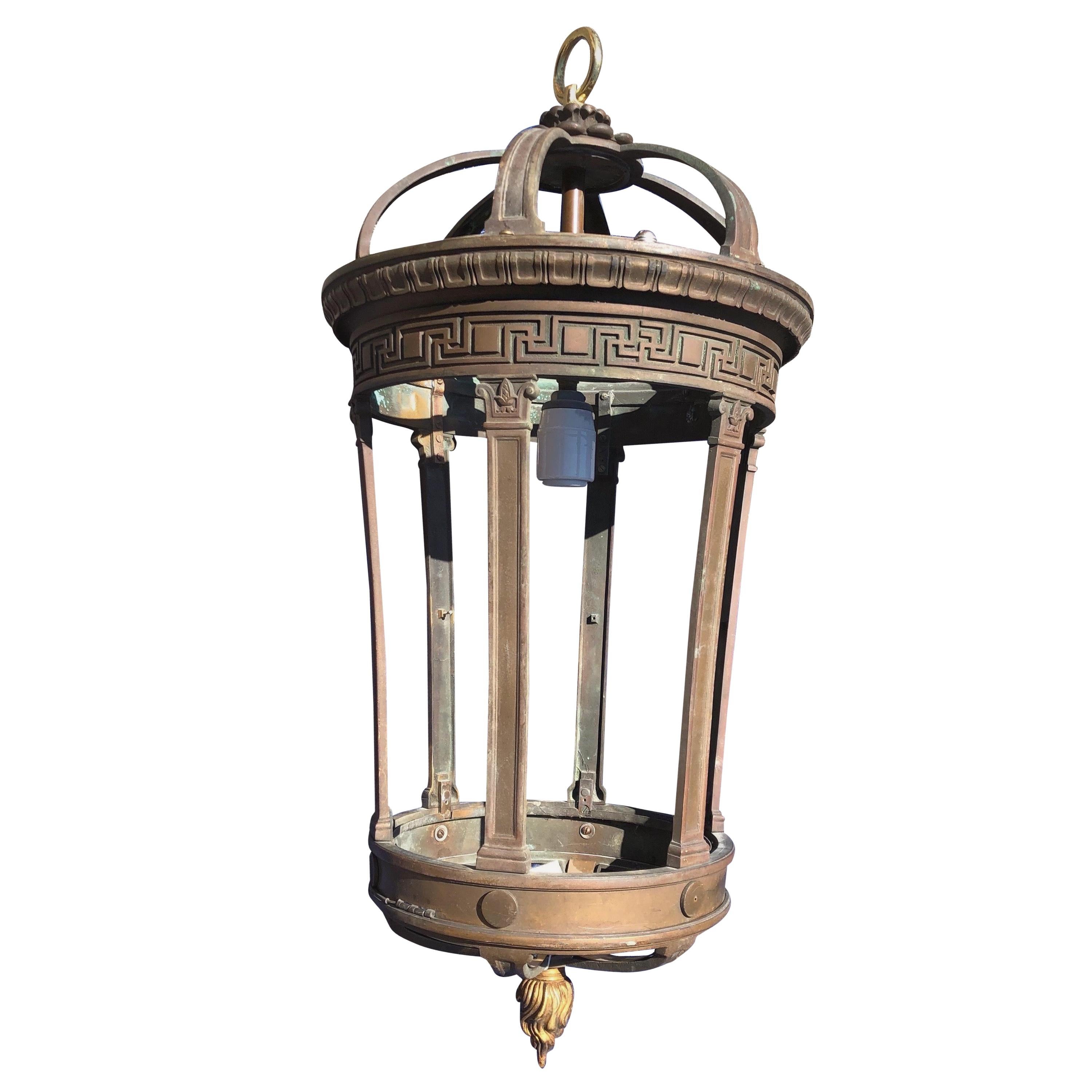 19th Century Bronze Hall Lantern with Greek Key and Flame Finial For Sale