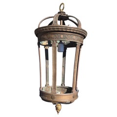 Antique 19th Century Bronze Hall Lantern with Greek Key and Flame Finial