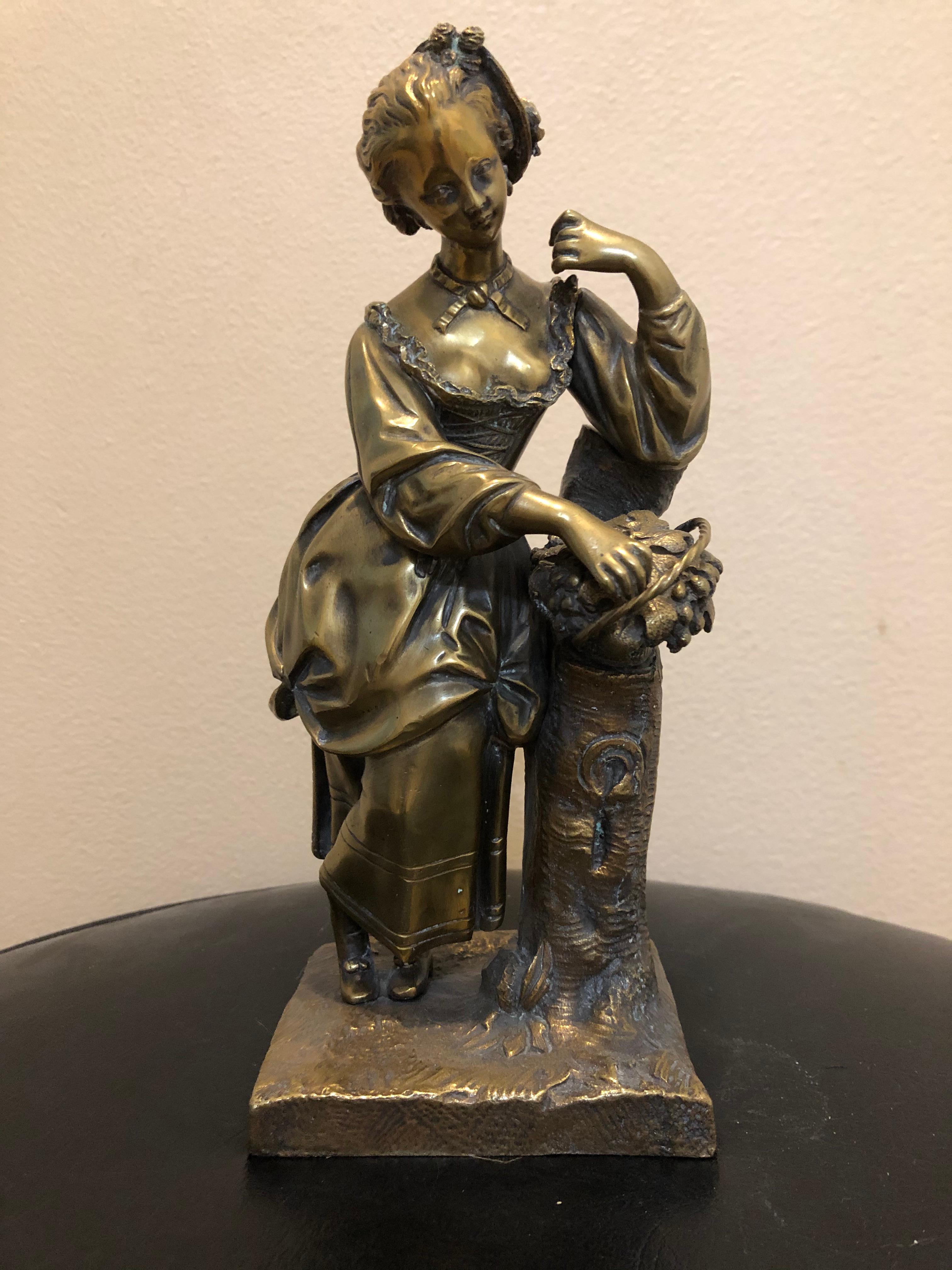 Extremely beautifully detailed 19th century bronze. A lady leaning on a tree stump after picking flowers for her basket. Great original patina. Sculpture measures 9 1/4 inches high, 4 inches wide by 3 1/4 deep.
