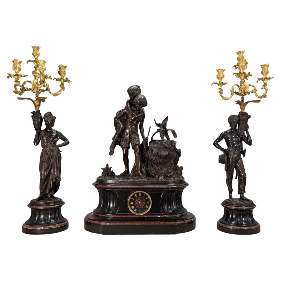 19th Century Bronze Mantel Clock Paul and Virginia by Charles Cumberworth