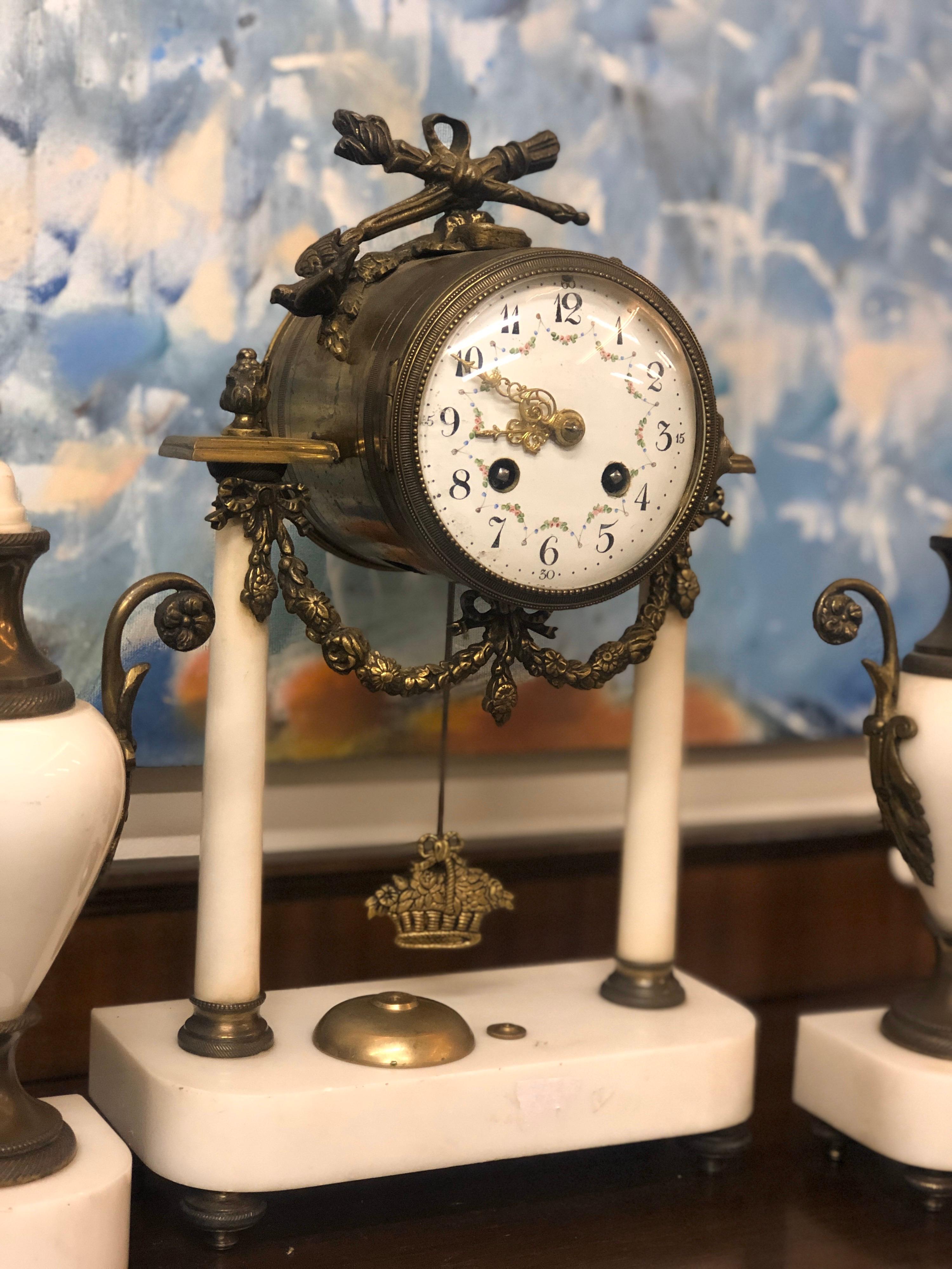 19th Century Bronze Mantel Clock Raised on a Marble Stand with Two Marble Urns For Sale 5