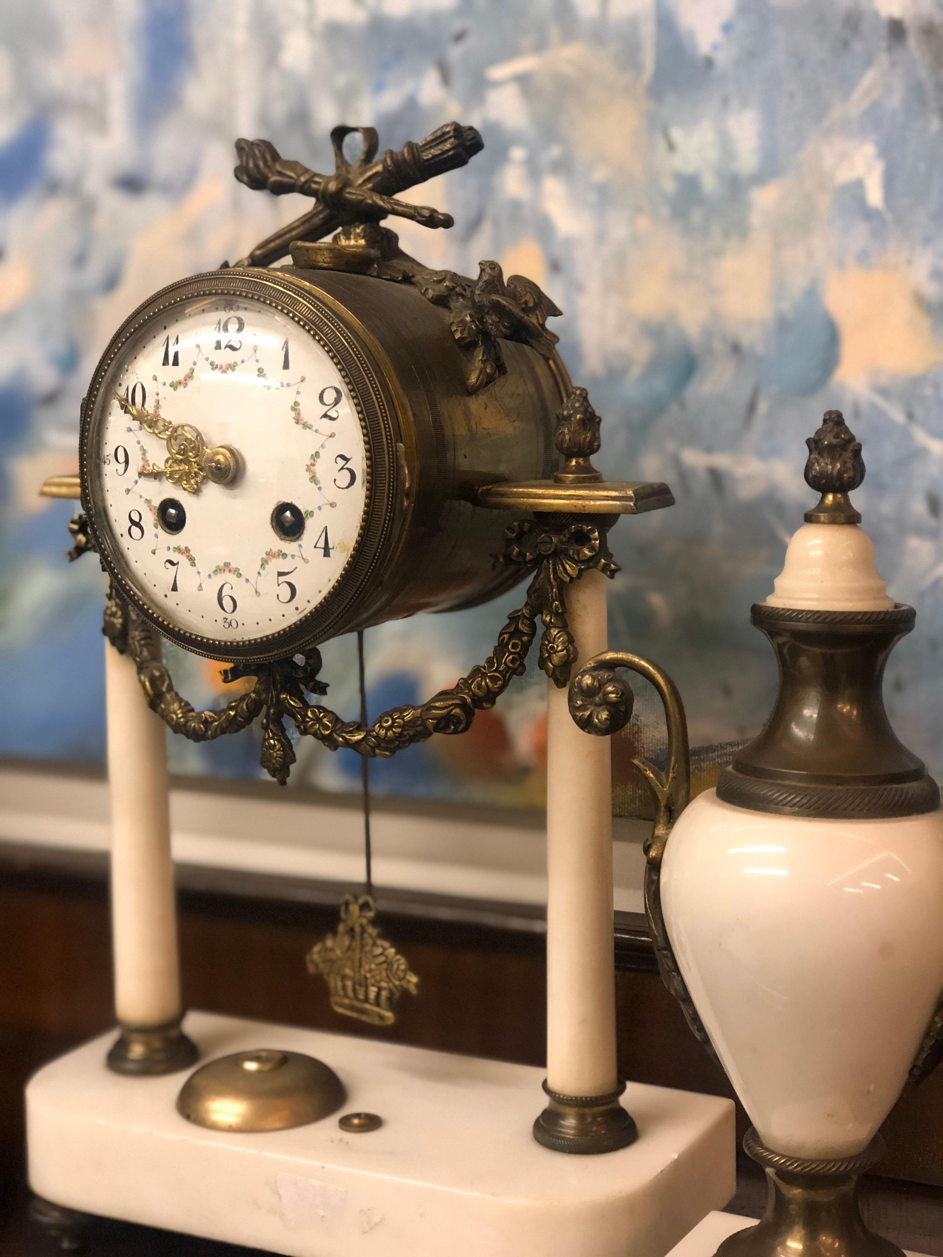 19th Century Bronze Mantel Clock Raised on a Marble Stand with Two Marble Urns For Sale 6