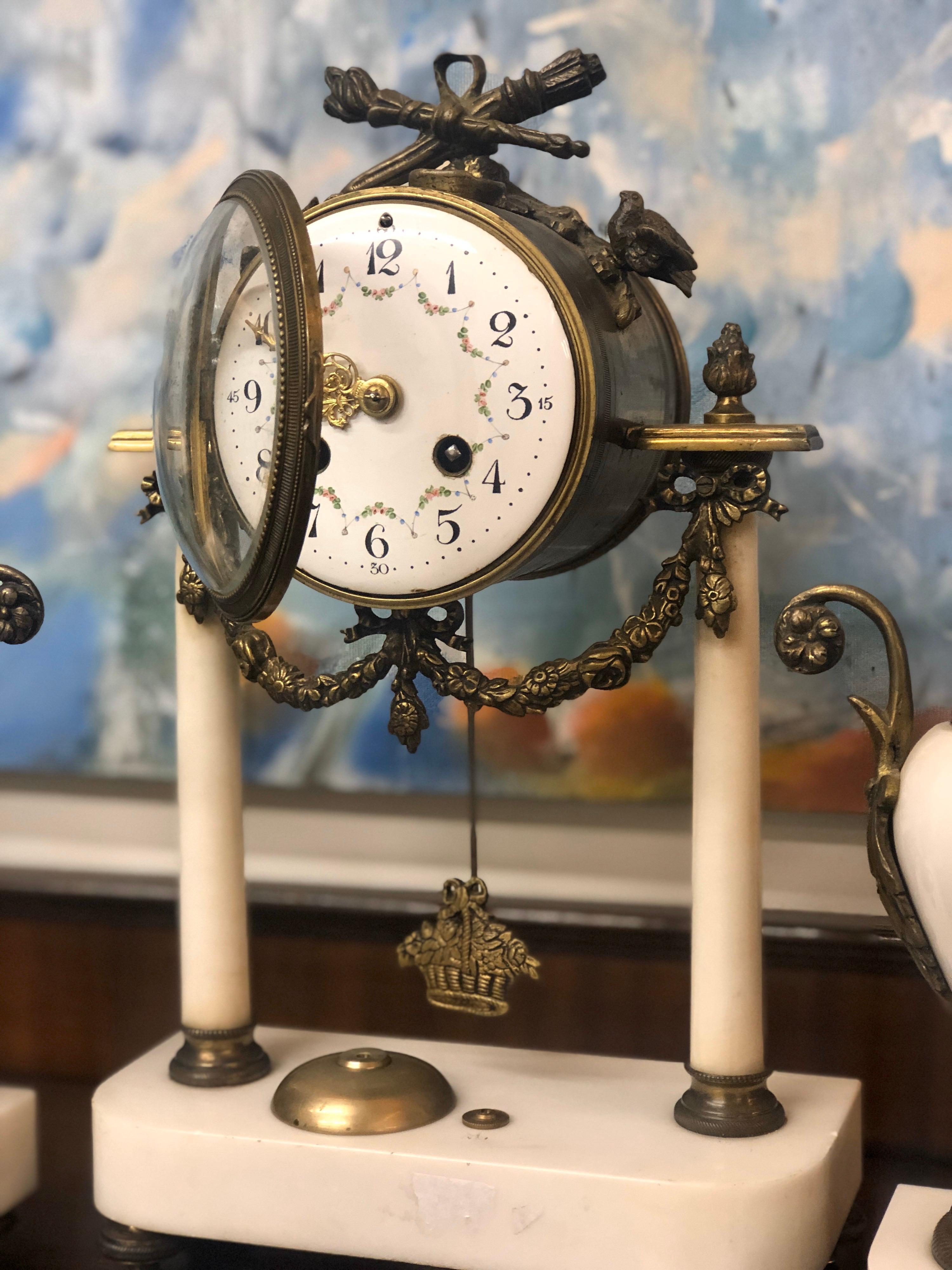19th Century Bronze Mantel Clock Raised on a Marble Stand with Two Marble Urns For Sale 7