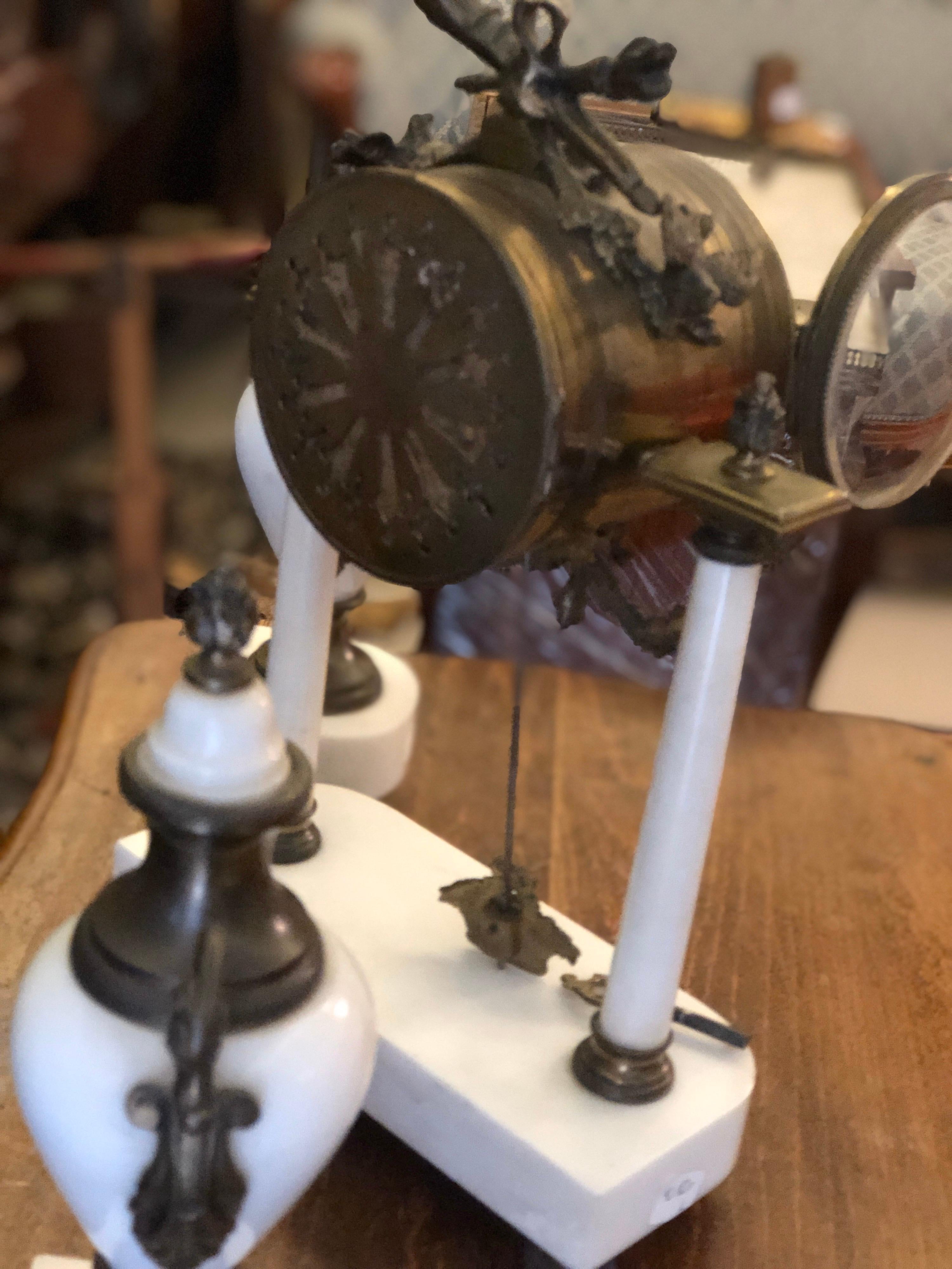 19th Century Bronze Mantel Clock Raised on a Marble Stand with Two Marble Urns For Sale 2