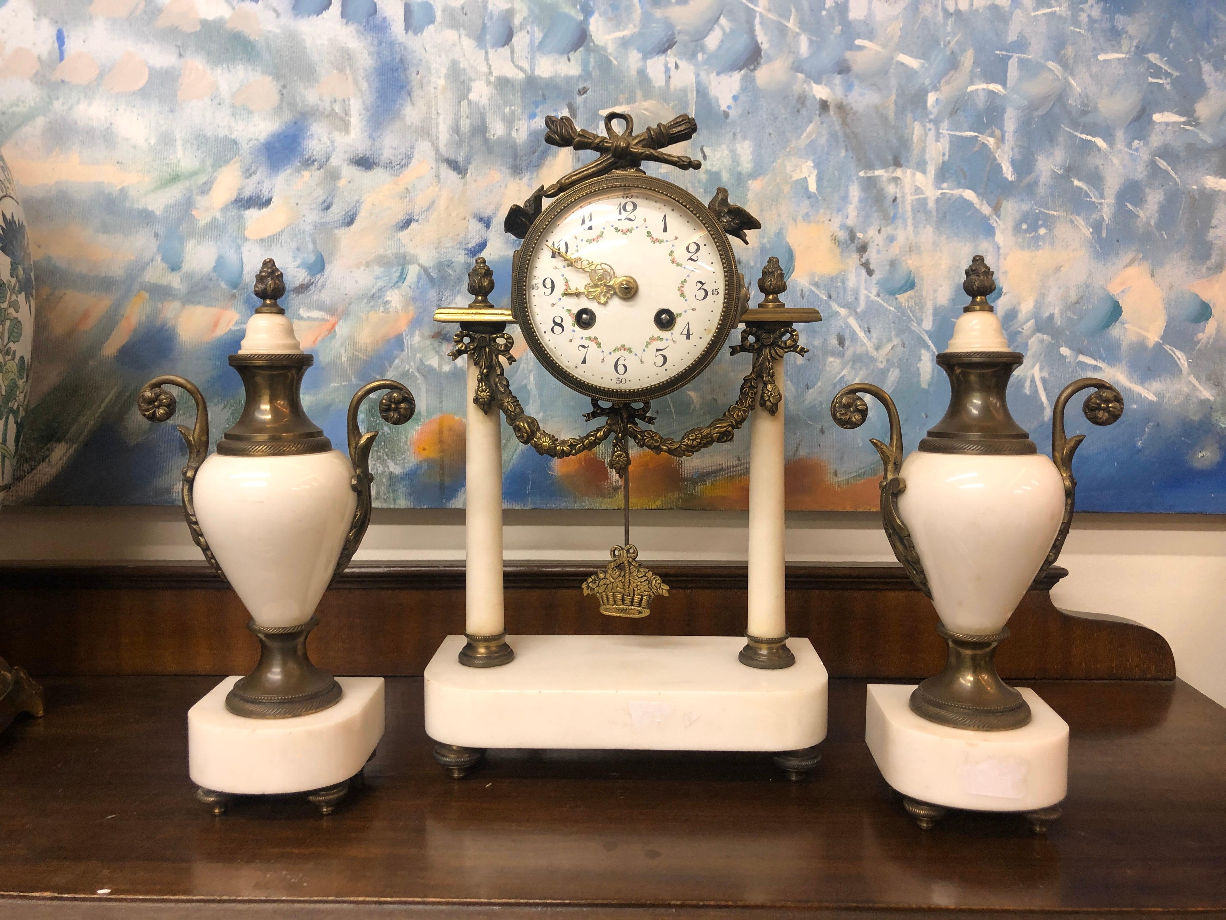 19th Century Bronze Mantel Clock Raised on a Marble Stand with Two Marble Urns For Sale 4