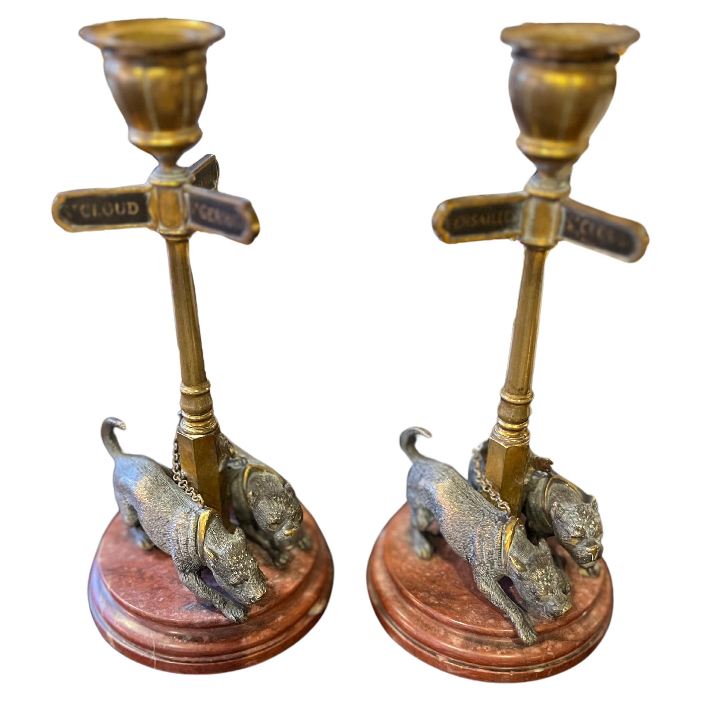 19th Century Bronze & Marble Street Sign Candle Holders For Sale