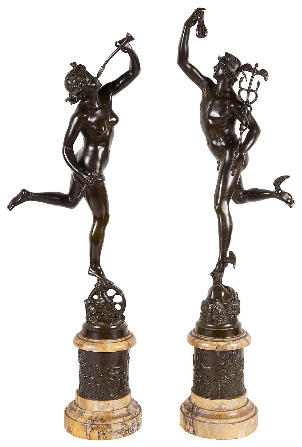 A very impressive pair of 19th century bronze statues of Mercury and Fortuna, after Giambologna. Measures: 32