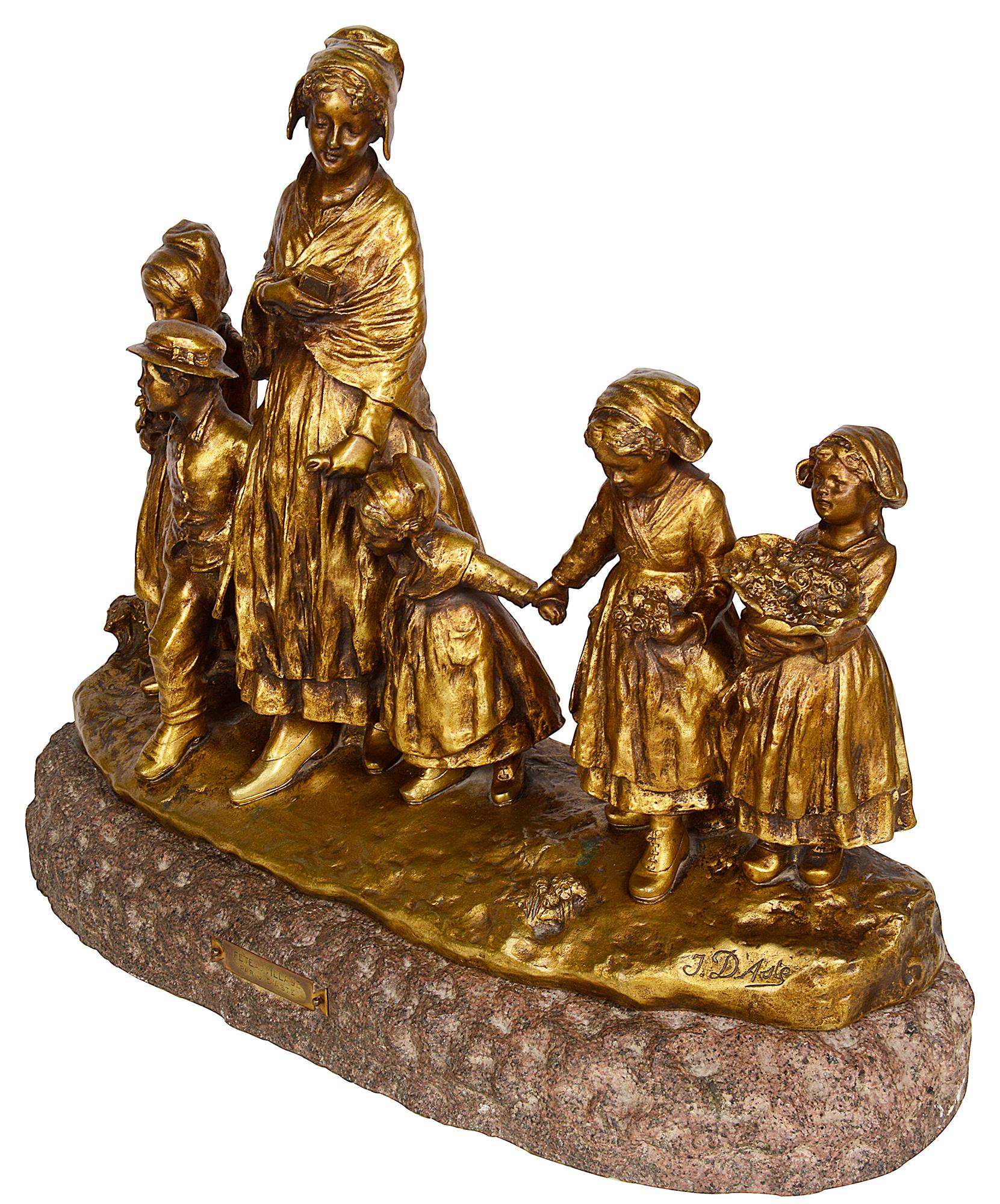 Joseph d'Asté [1881-1945]
Fête au village
Enchanting gilded bronze study of a mother and children holding hands in their way to the village Fete, mounted on a marble base.