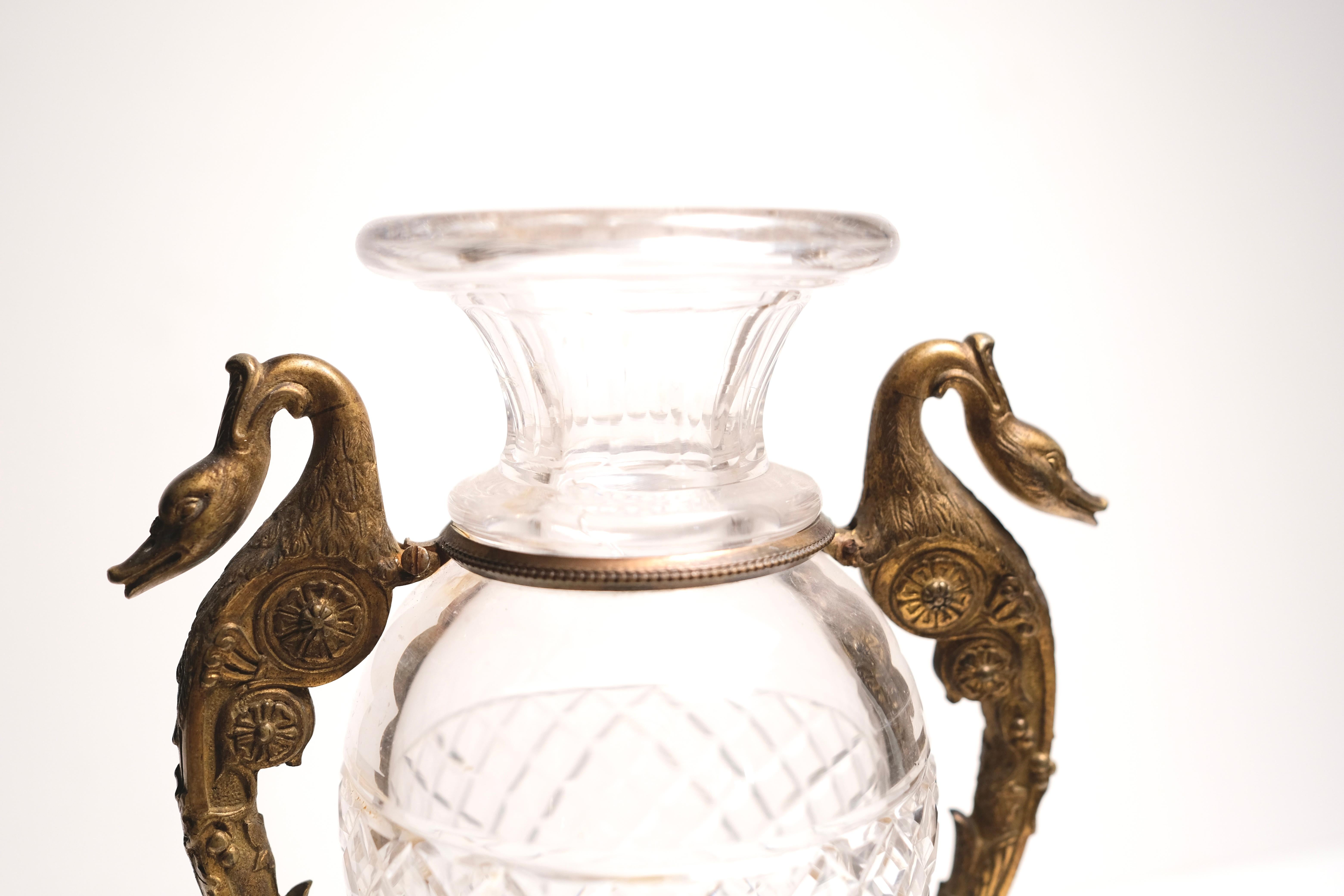 Cut crystal. Bronze mounted. Swan motif. Finely chased. Measure: Base is 3.5