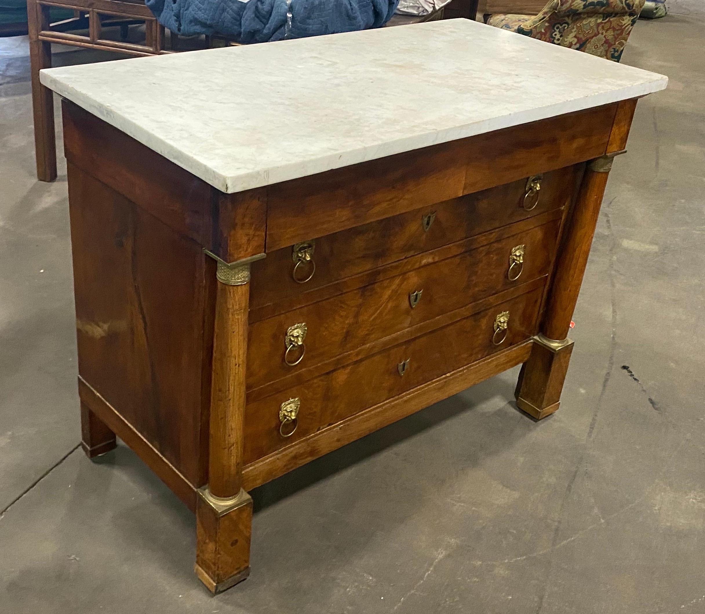 19th Century Bronze Mounted French Empire Marble Top Walnut Chest In Good Condition In Charleston, SC