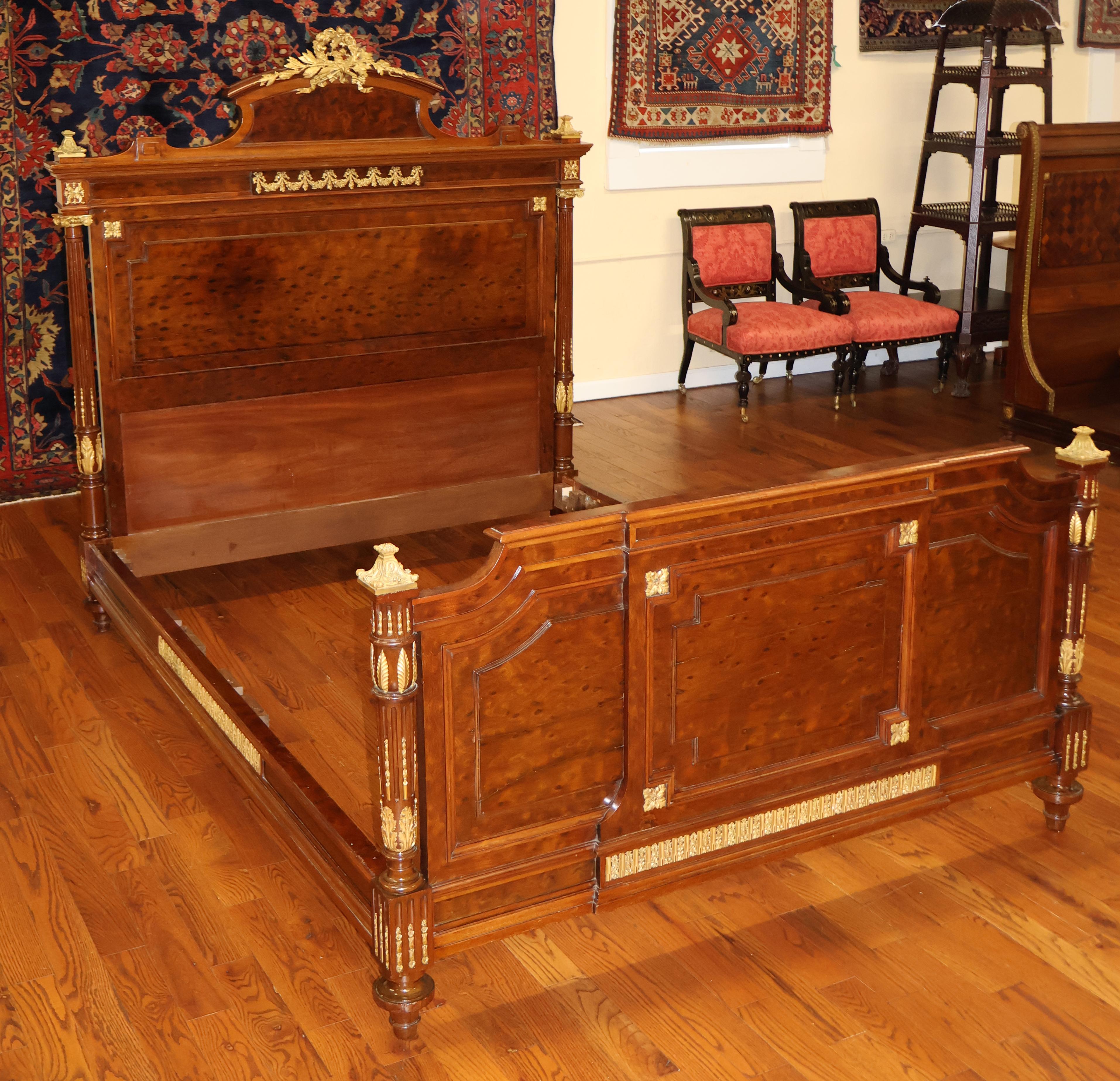 Louis XV 19th Century Bronze Mounted French Plum Pudding Acajou Mahogany Full Size Bed For Sale