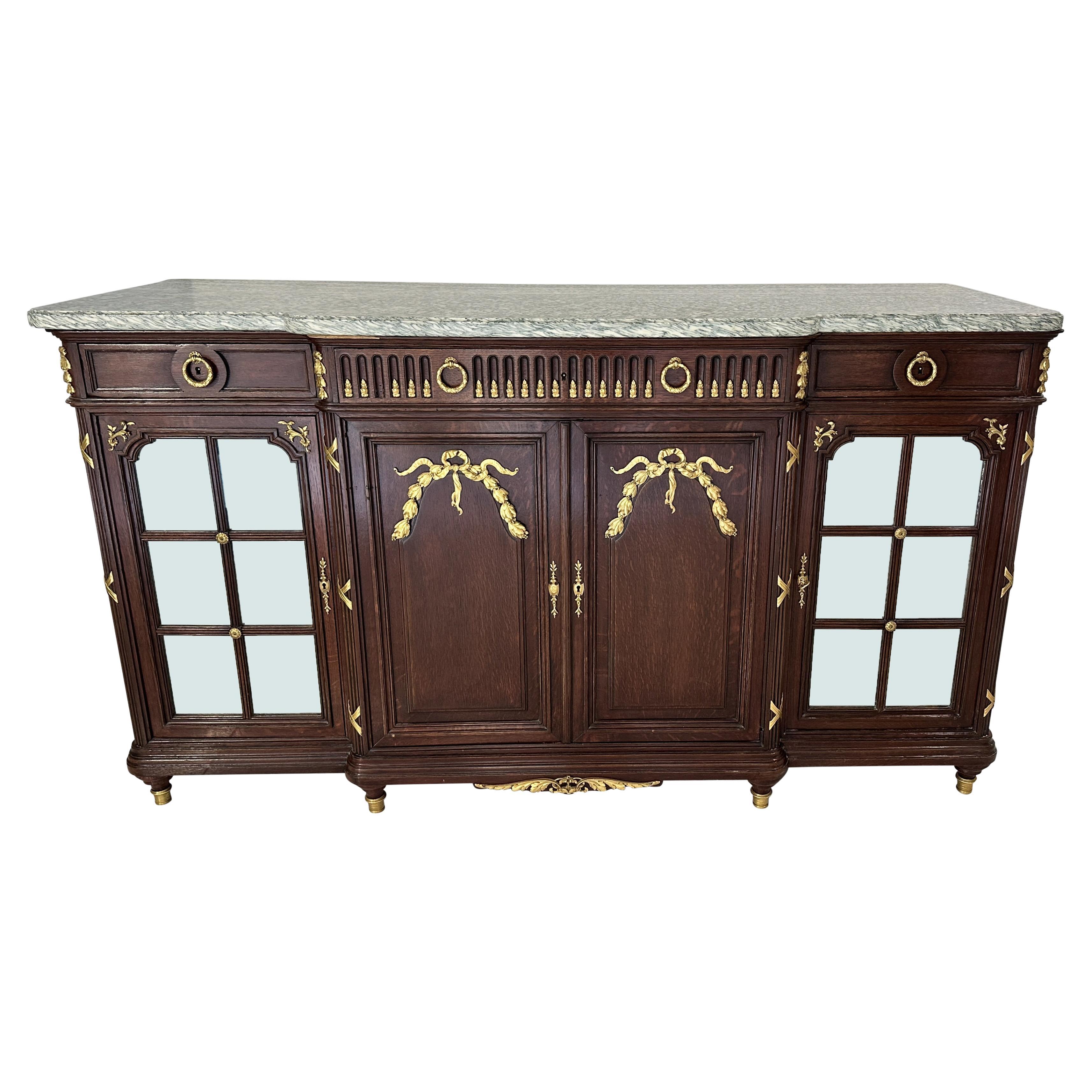 Buffet enfilade Louis XVI du 19ème siècle monté sur bronze et dessus en marbre