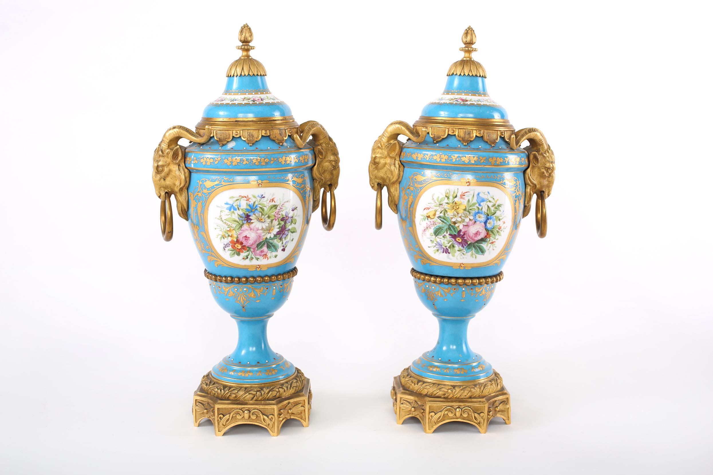 Gilt 19th Century Bronze Mounted / Porcelain Covered Urns For Sale