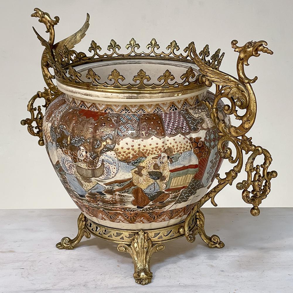 Meiji 19th Century Bronze Mounted Satsuma Jardiniere For Sale