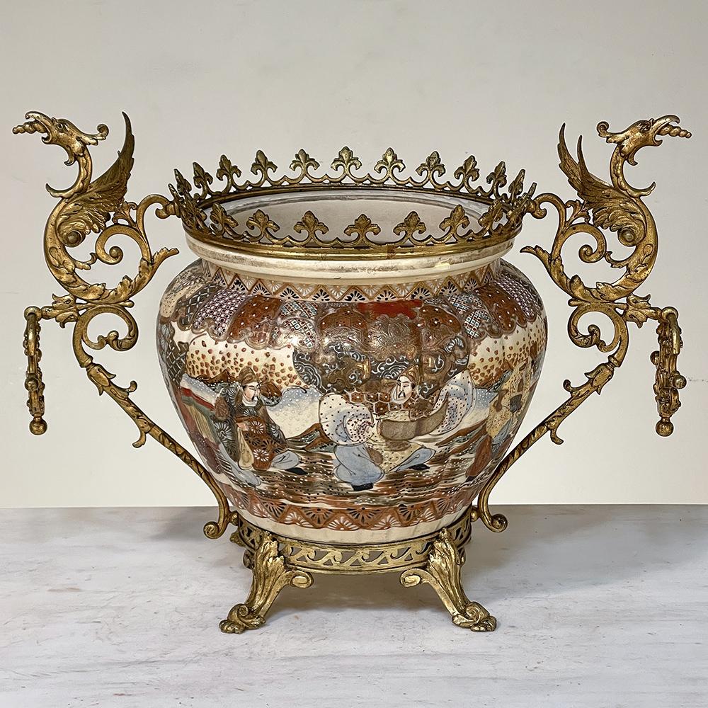 Hand-Crafted 19th Century Bronze Mounted Satsuma Jardiniere For Sale